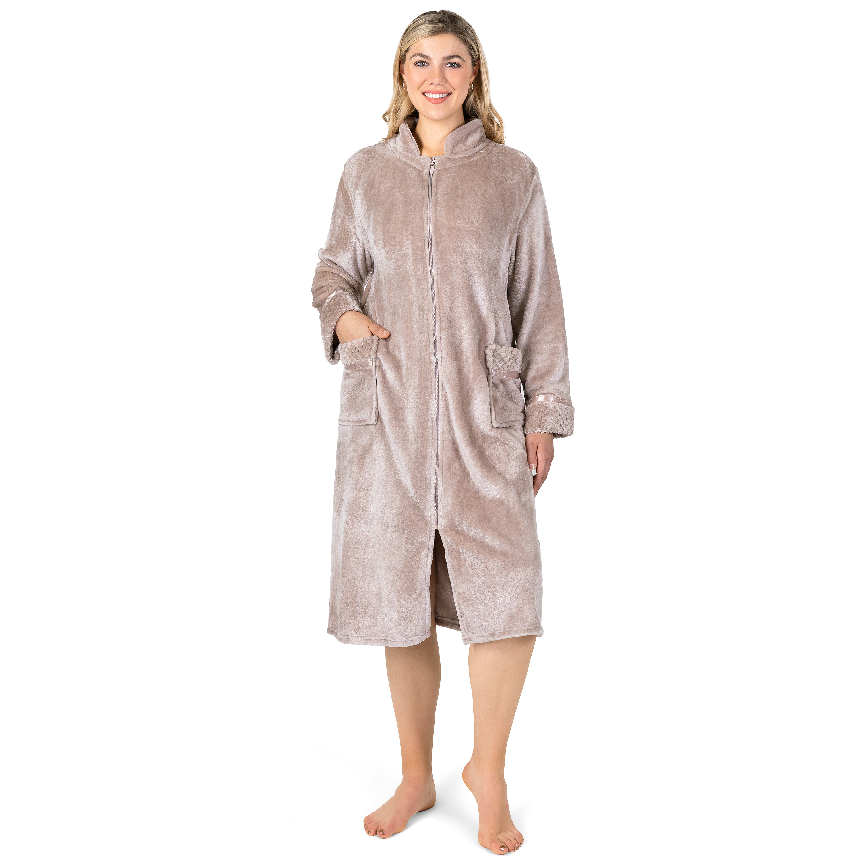 Women Zipper Robe Housecoat Lounger Zip Up Robe Full Length Satin Trim Ladies - Picture 74 of 89