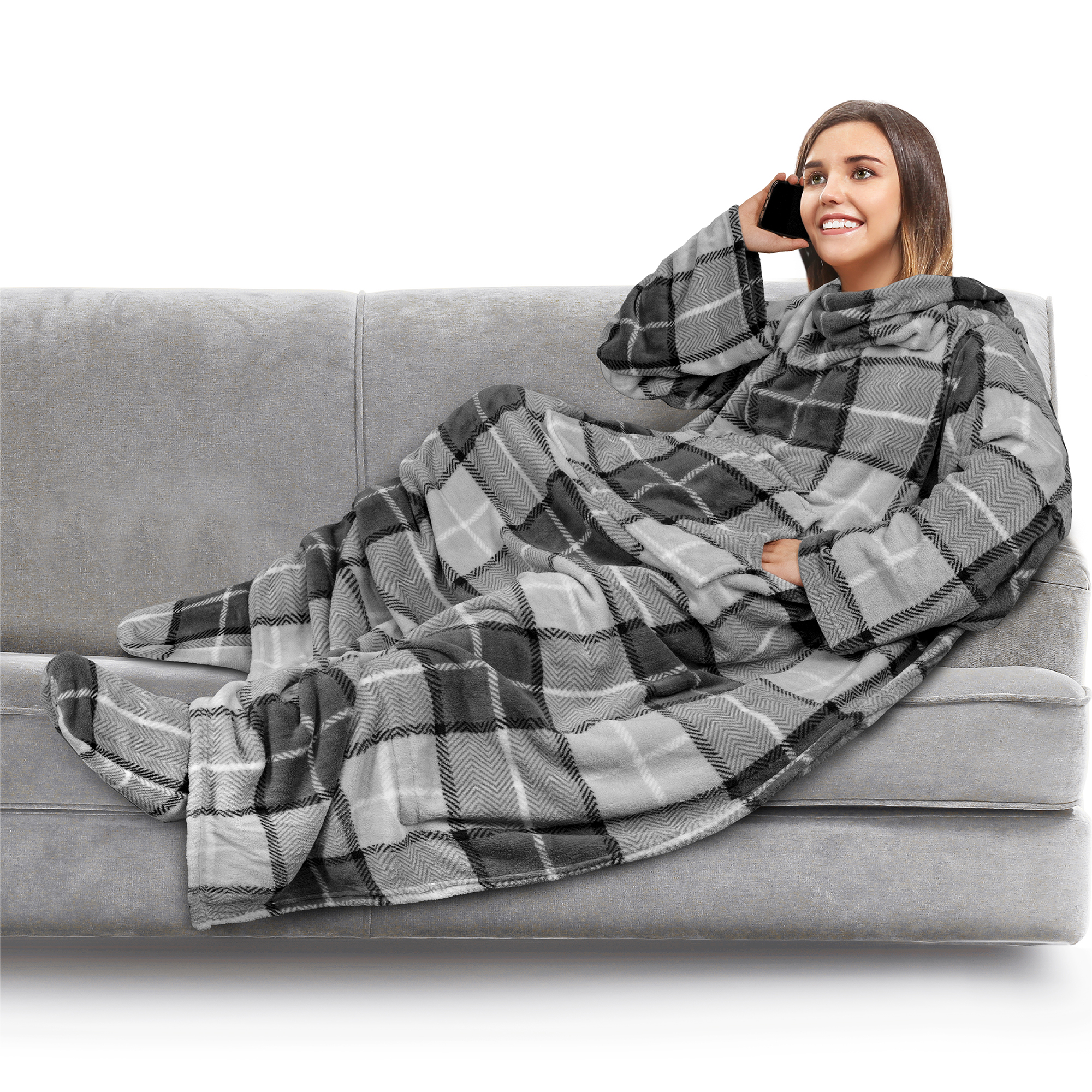 Tragbare Decke mit Fußtasche Ärmel Weich Fleece Wickel Sofa Couch TV Geschenke - Bild 103 von 192