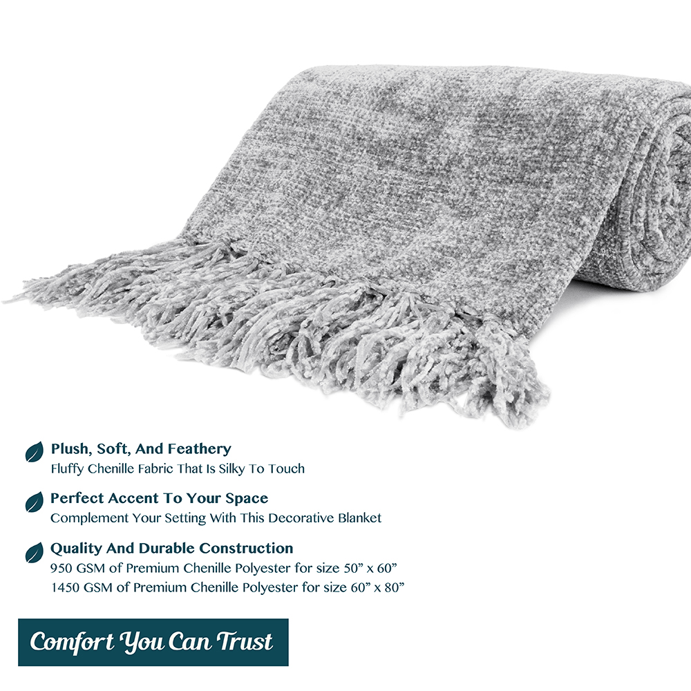 Fluffy Chenille Knitted Throw Blanket Decorative Fringe for Bed 