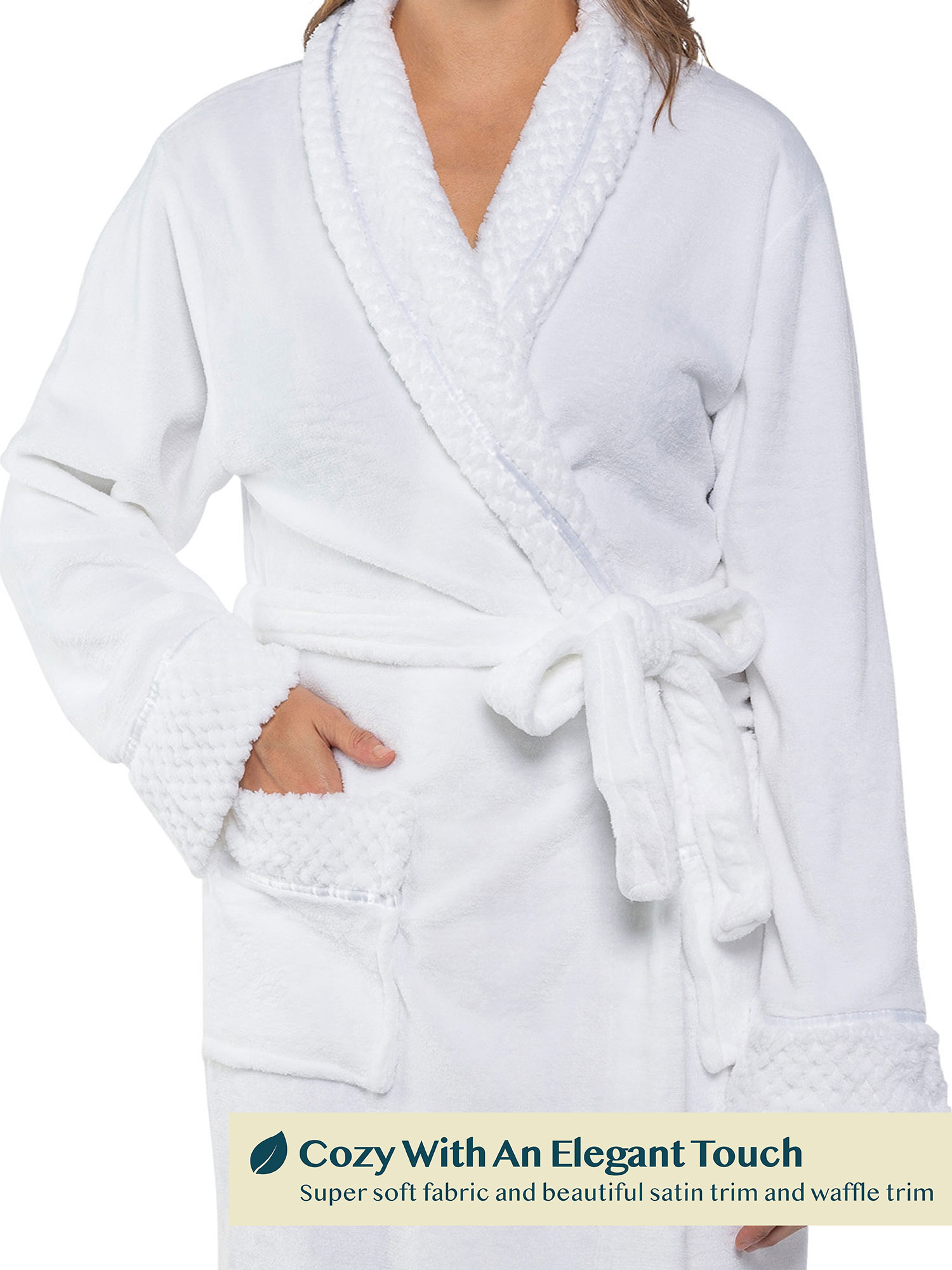 Womens Fleece Robe with Waffle Trim Plush Soft Warm Long Spa Night Bathrobe Lady