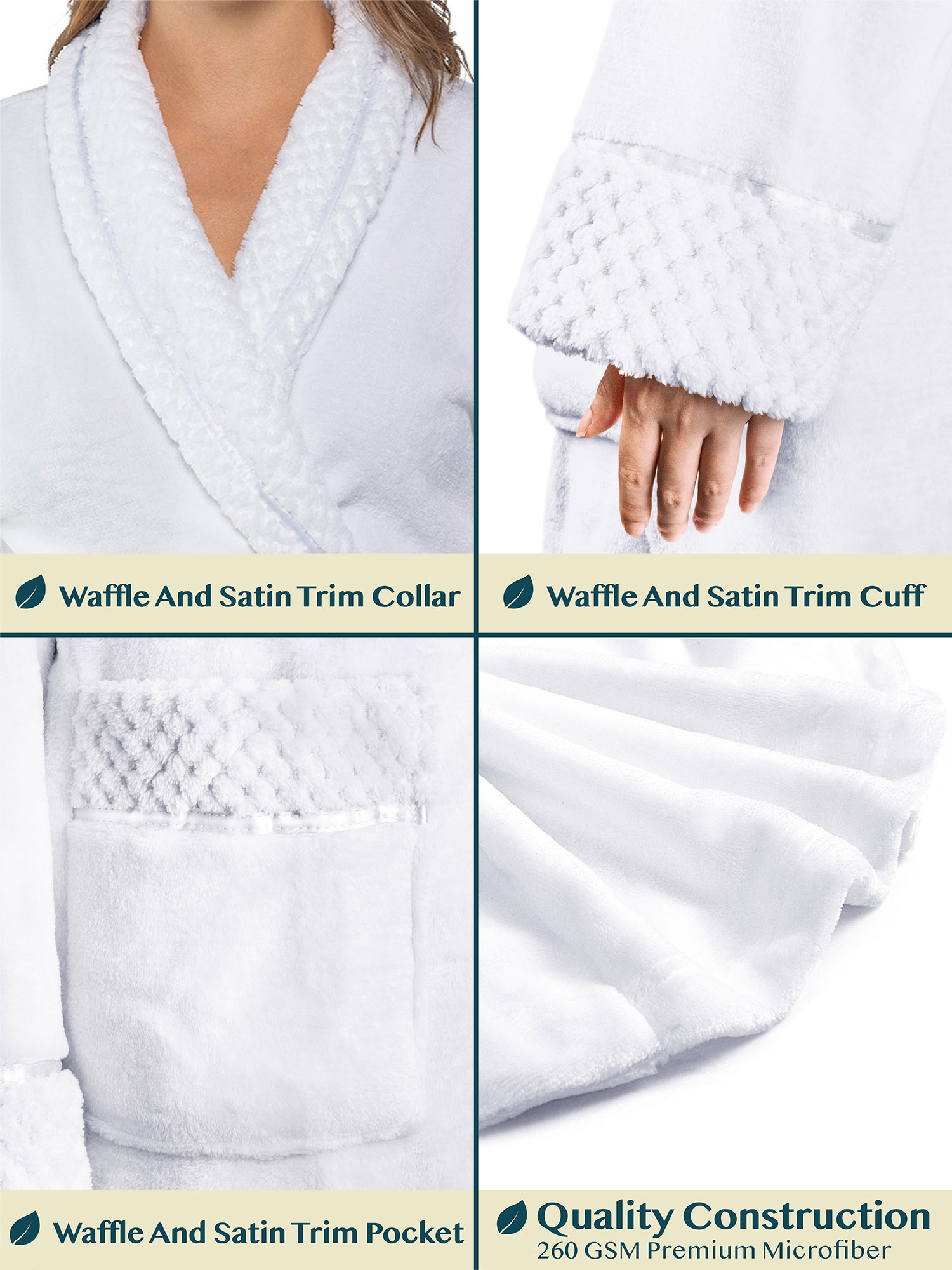 Womens Fleece Robe with Waffle Trim Plush Soft Warm Long Spa Night Bathrobe Lady