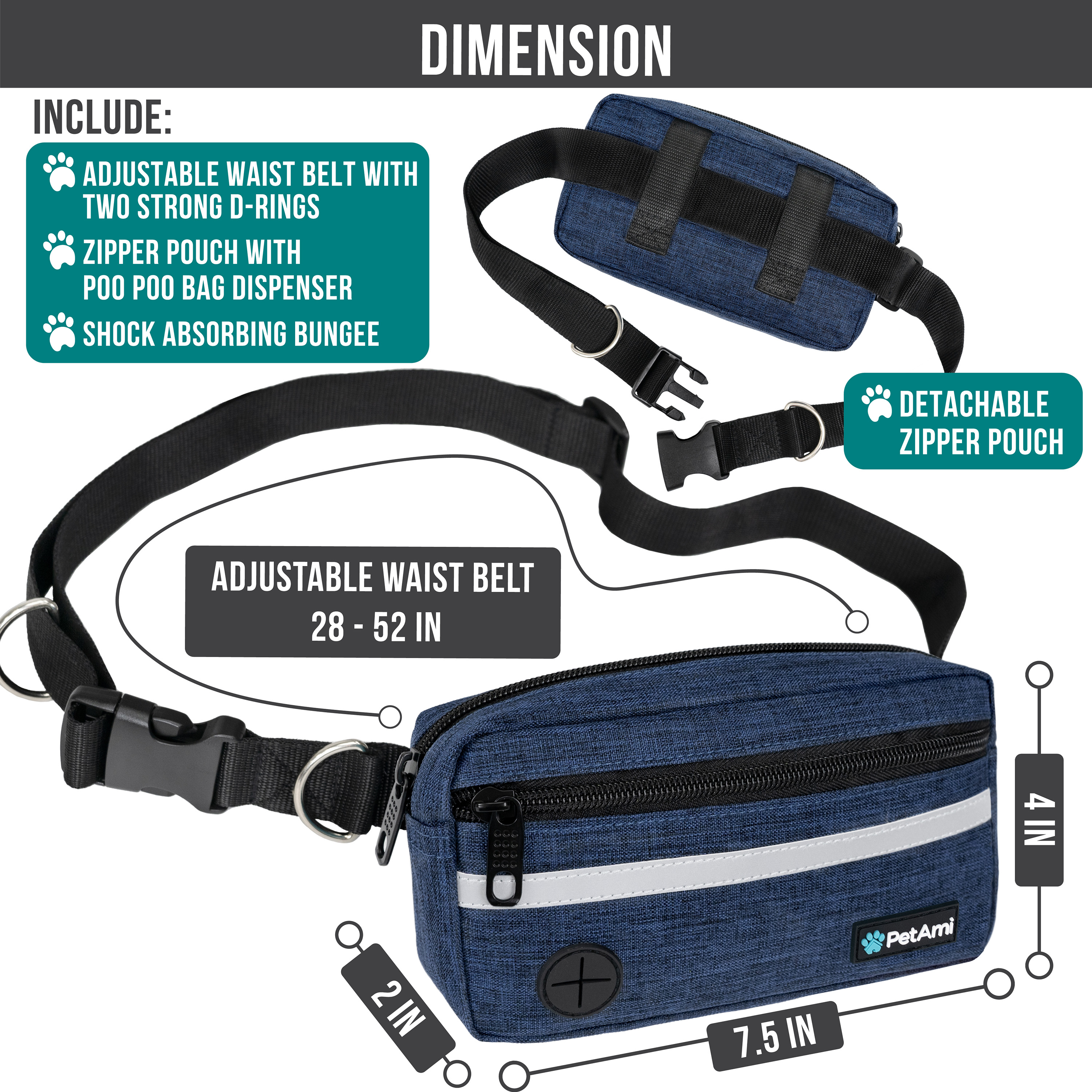 Hundeleine Gürtel Freihändig Laufen Joggen Gehen Gürteltasche mit Bungee Leine - Bild 23 von 39