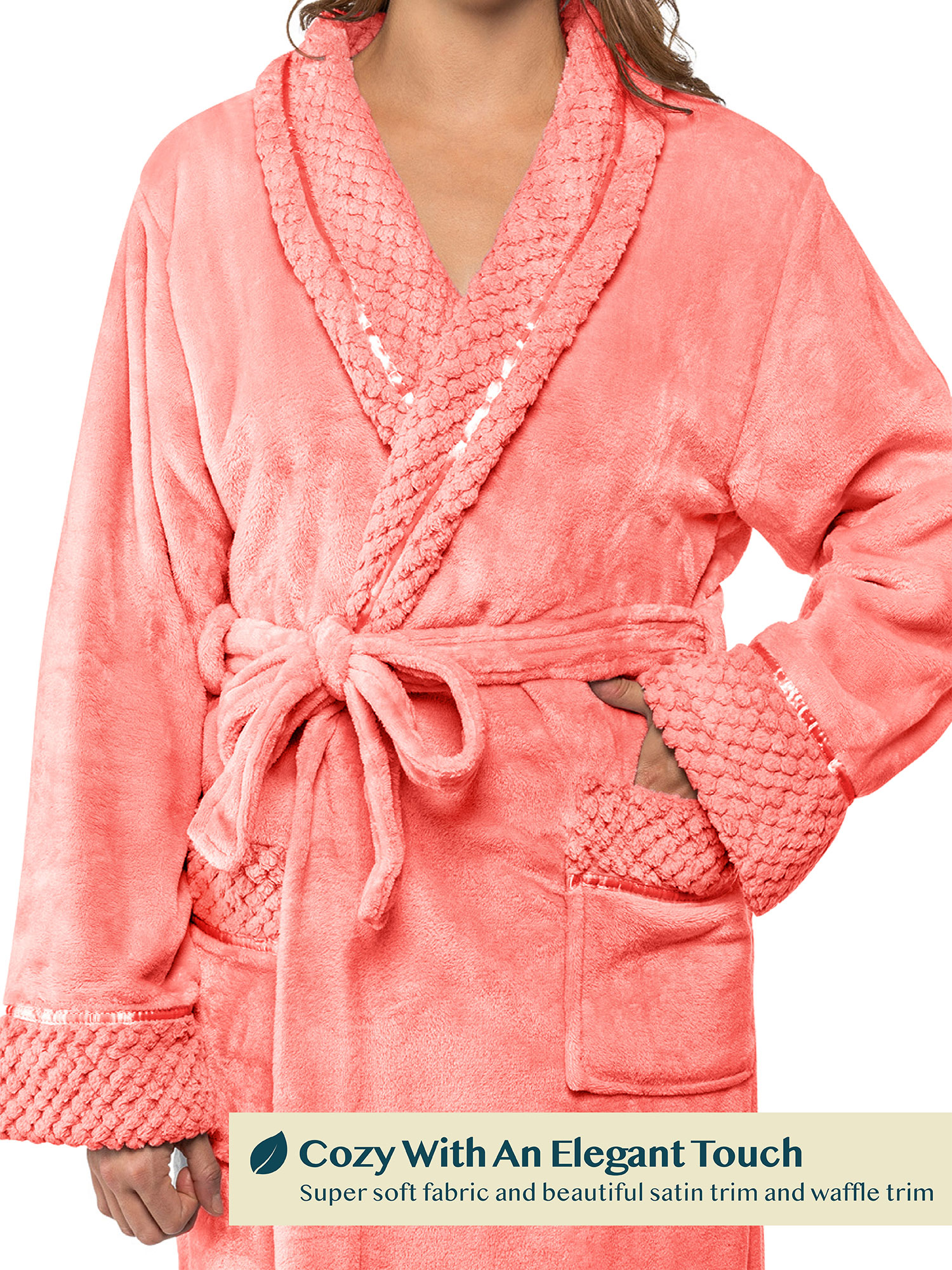 Womens Fleece Robe with Waffle Trim Plush Soft Warm Long Spa Night Bathrobe Lady