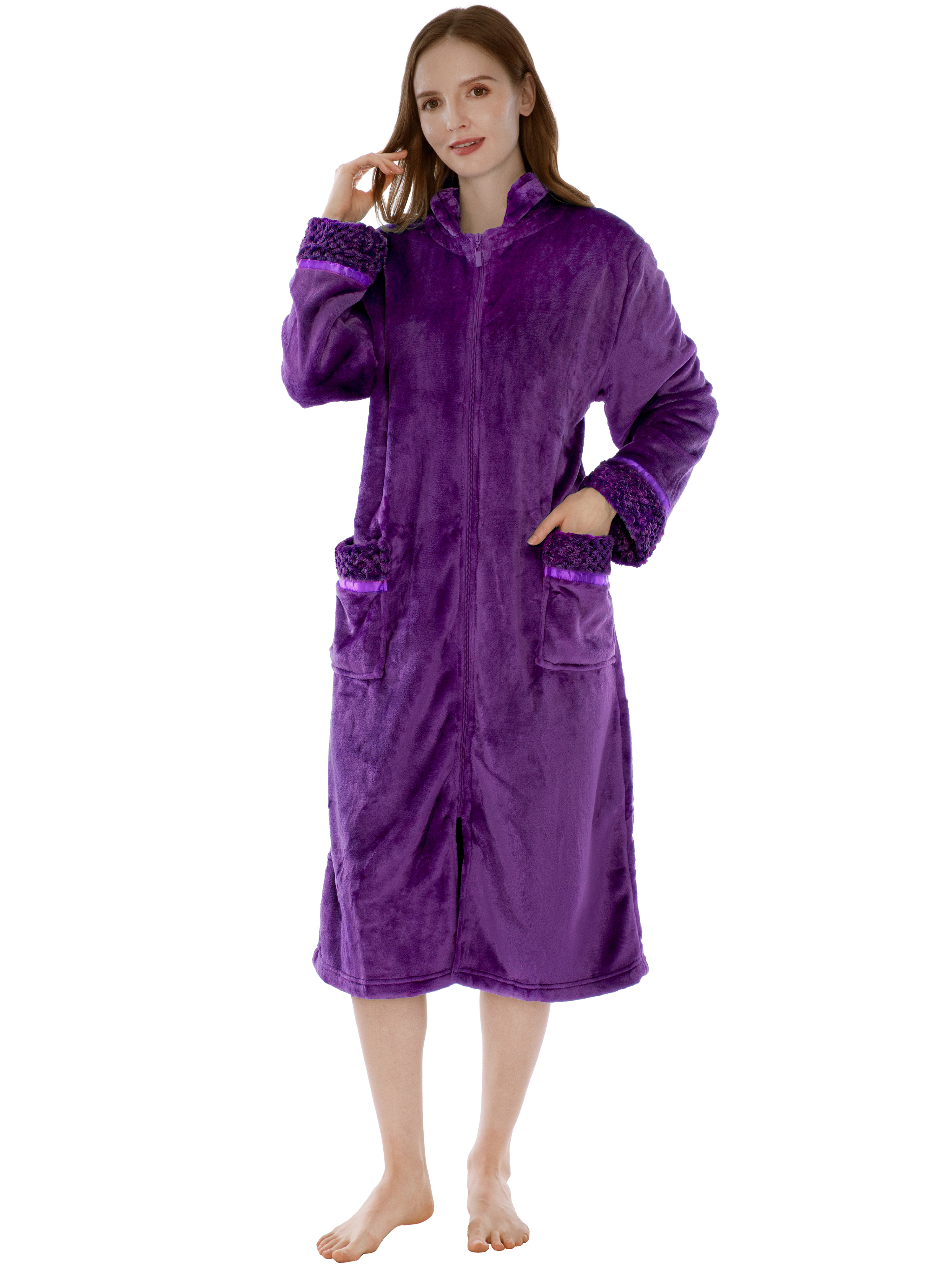 Women Zipper Robe Housecoat Lounger Zip Up Robe Full Length Satin Trim Ladies - Picture 56 of 89