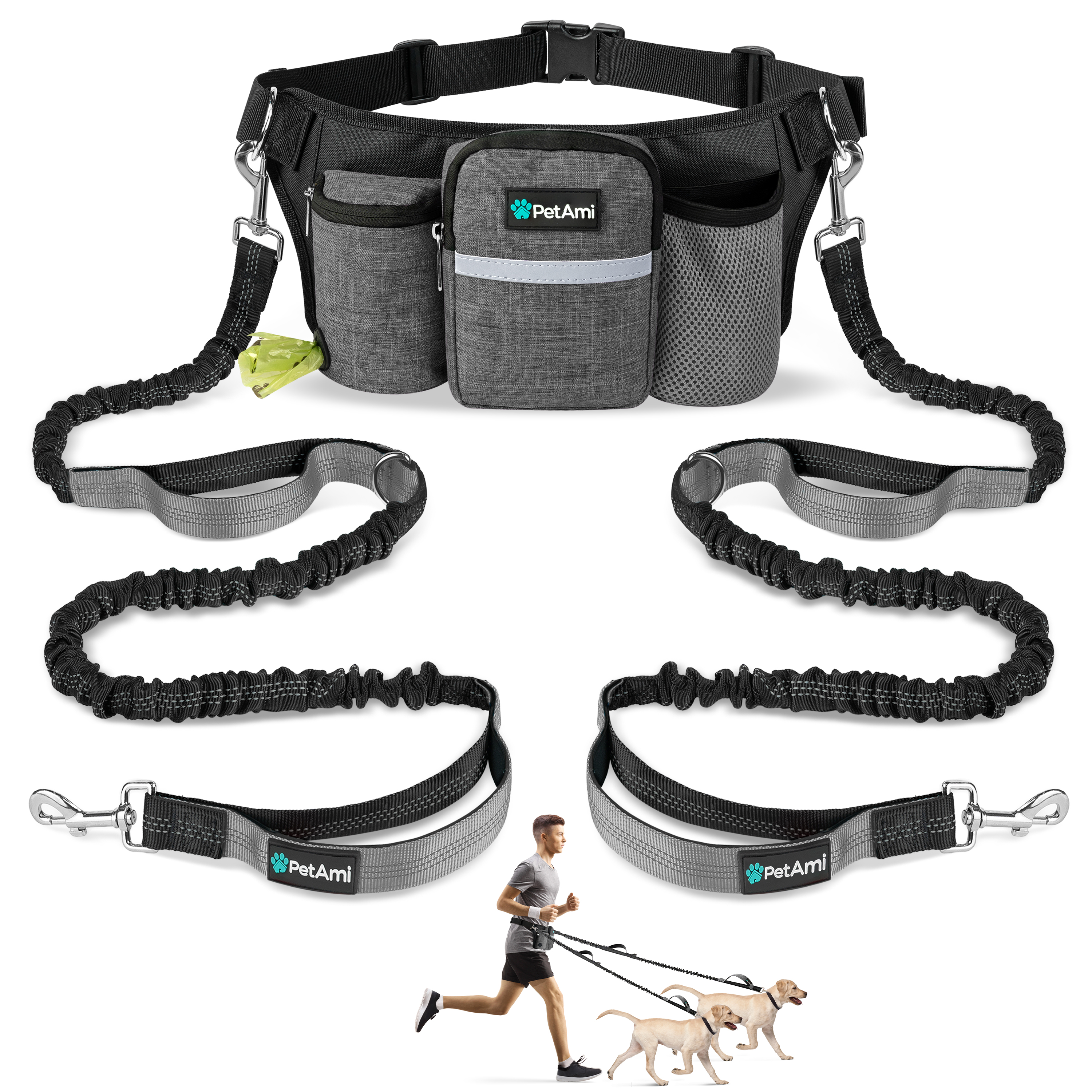 Hands Free Dog Bungee Leash Adjustable Waist Pouch for 2 Dogs Walking Running - Picture 10 of 25