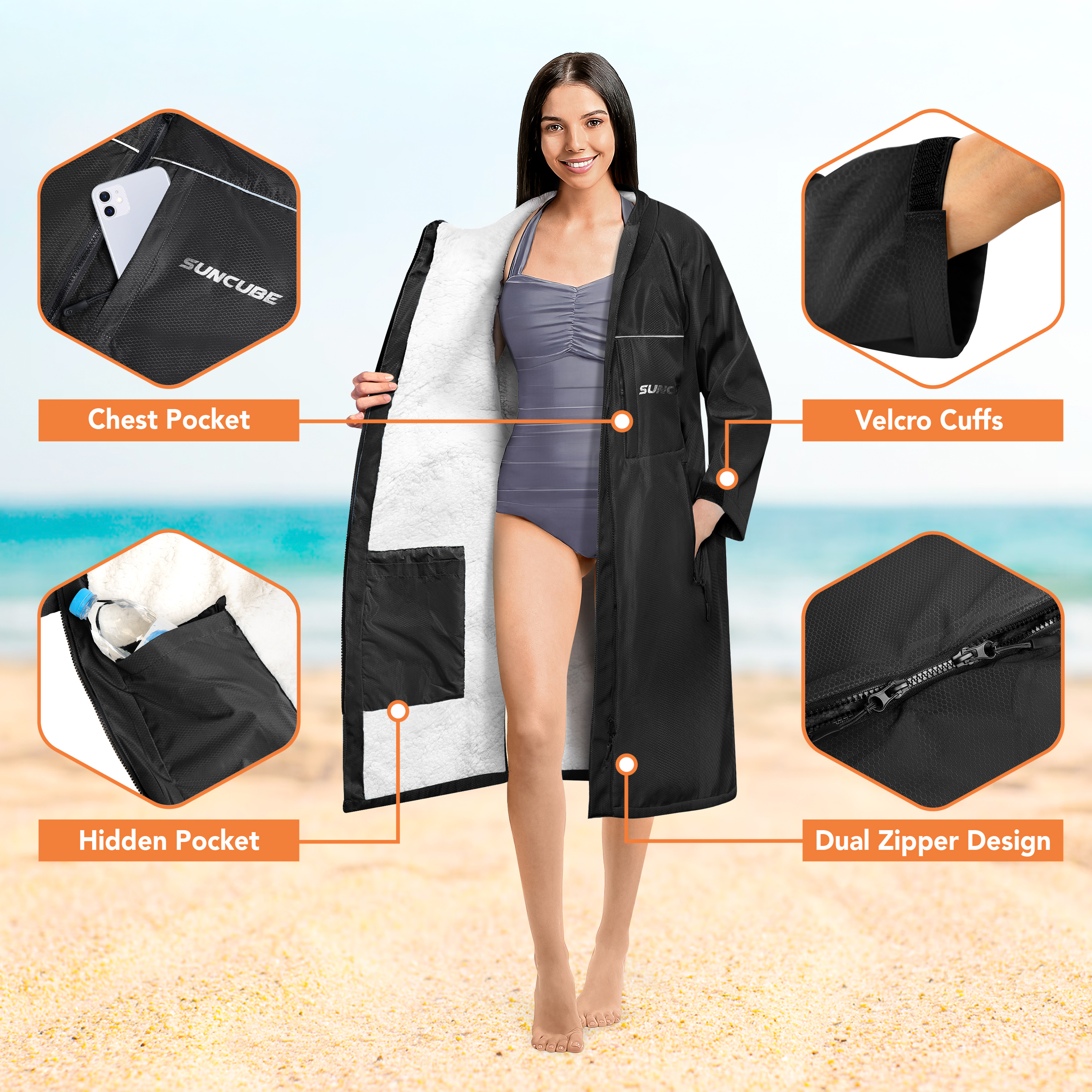 Adult Swim Parka Warm Sherpa Hooded Water Resistant for Swimming Surf Men Women - Picture 4 of 30