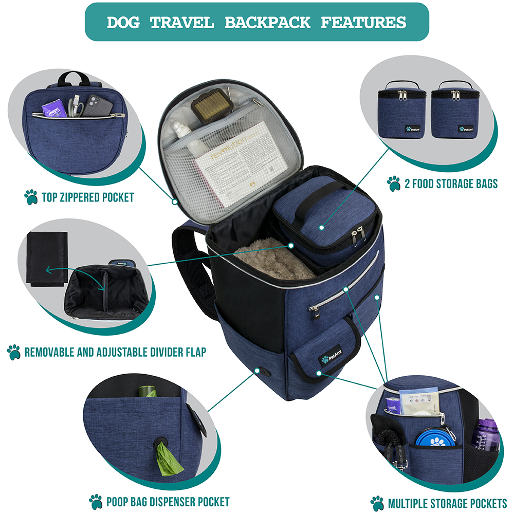 Dog Travel Bag Supply Backpack Traveling Organizer Set Pet Food Container Bowl