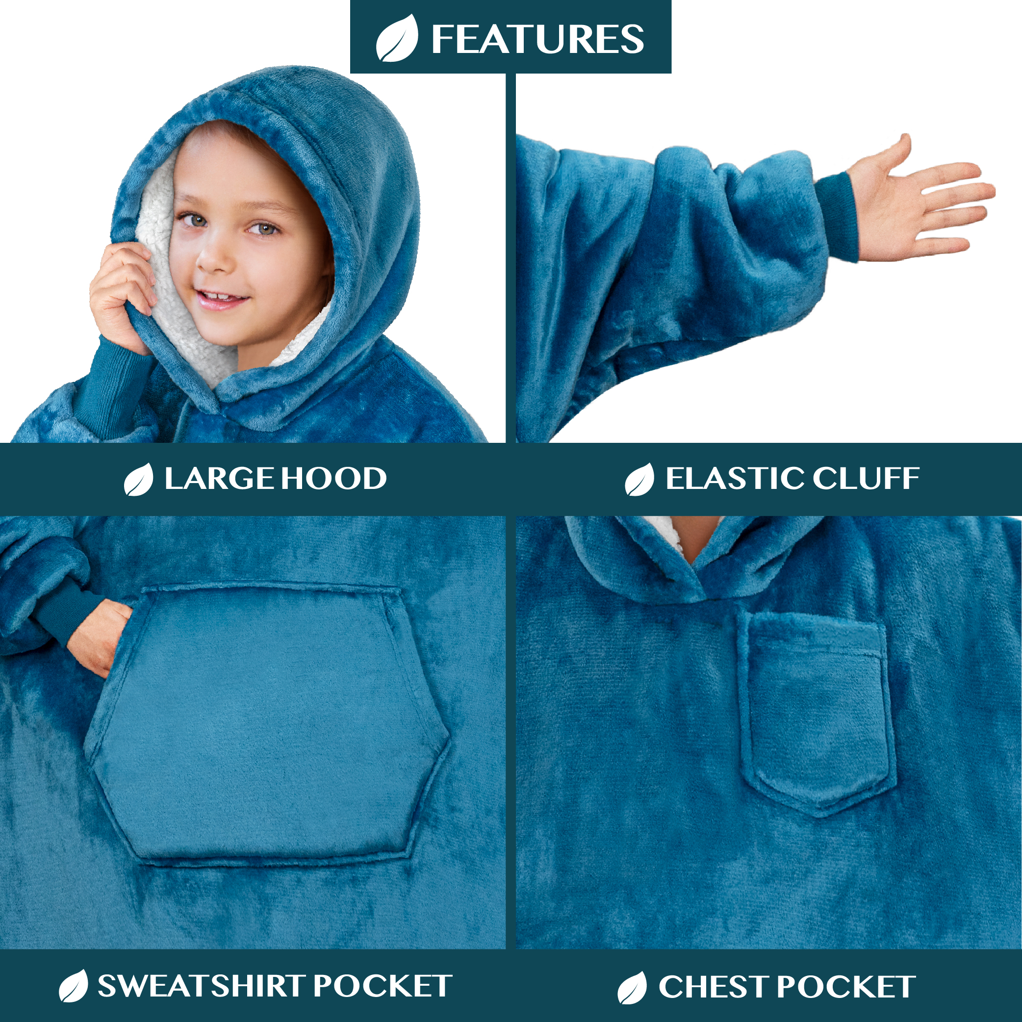 Blanket Sweatshirt Sherpa Lining Comfy Fleece Oversized Hoodie for Kids Teens JR - Picture 59 of 71