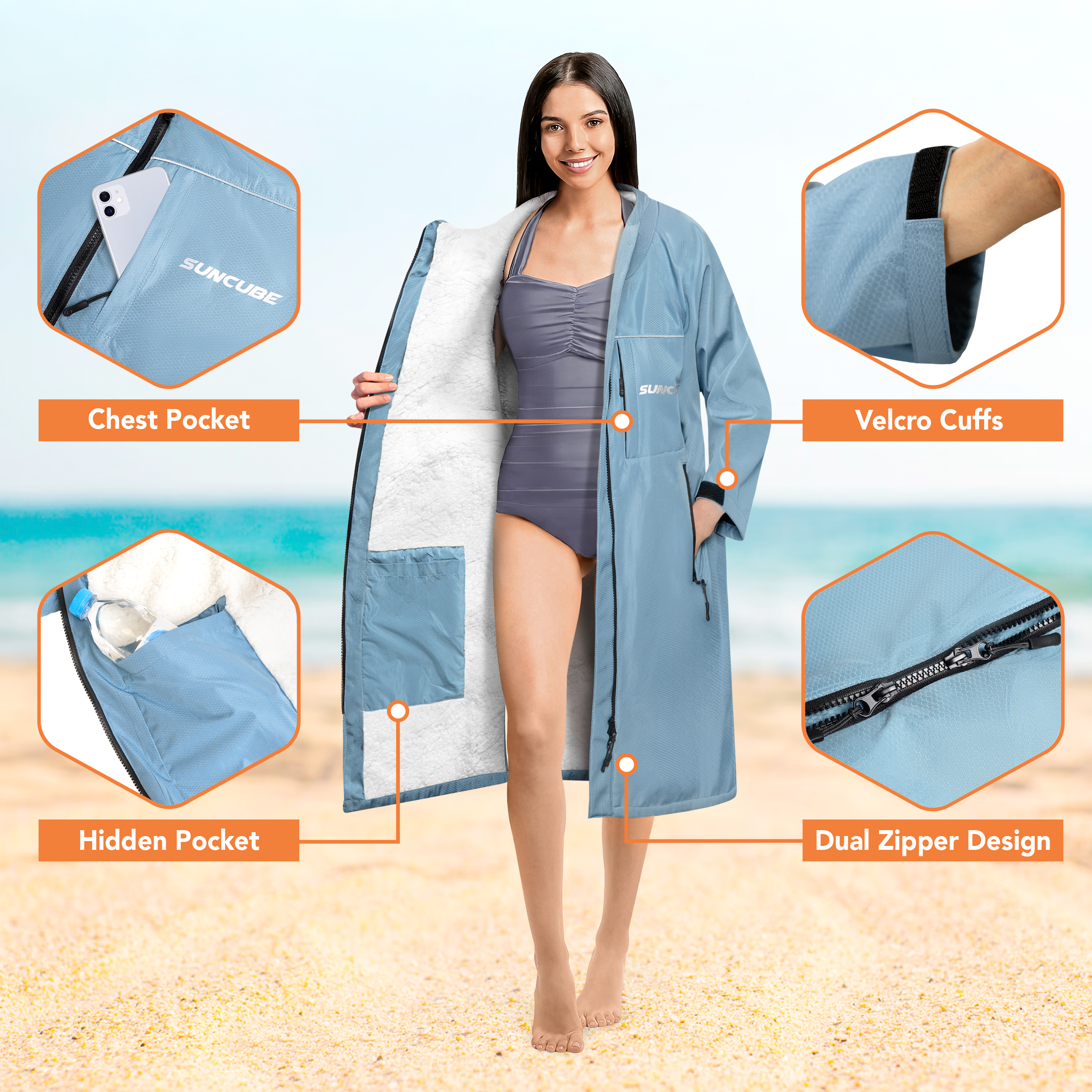 Adult Swim Parka Warm Sherpa Hooded Water Resistant for Swimming Surf Men Women - Picture 12 of 30