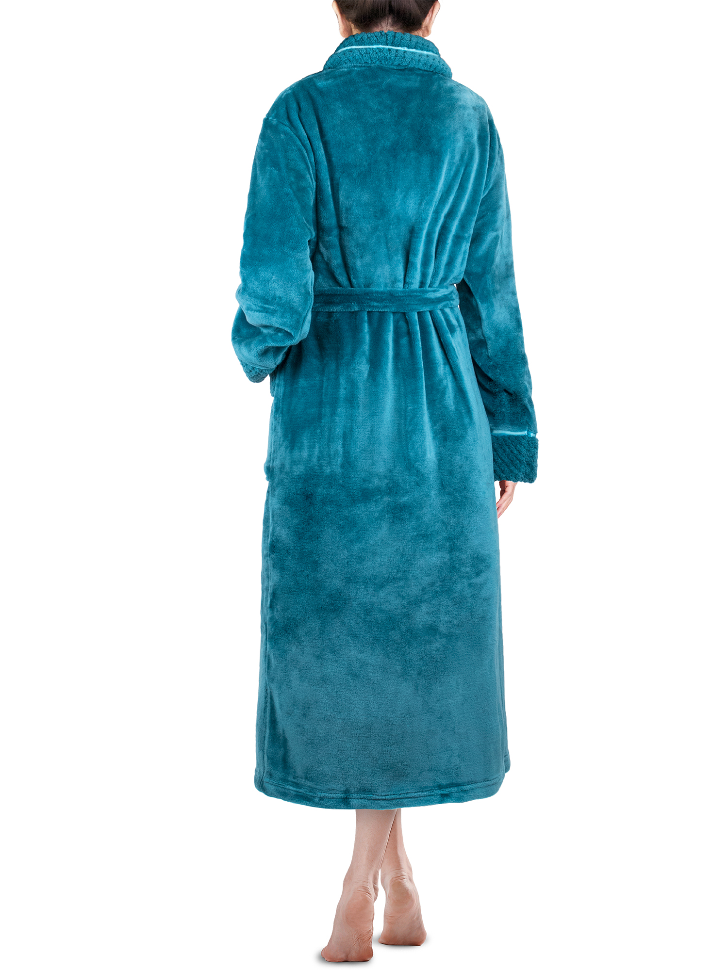 Womens Fleece Robe with Waffle Trim Plush Soft Warm Long Spa Night Bathrobe Lady