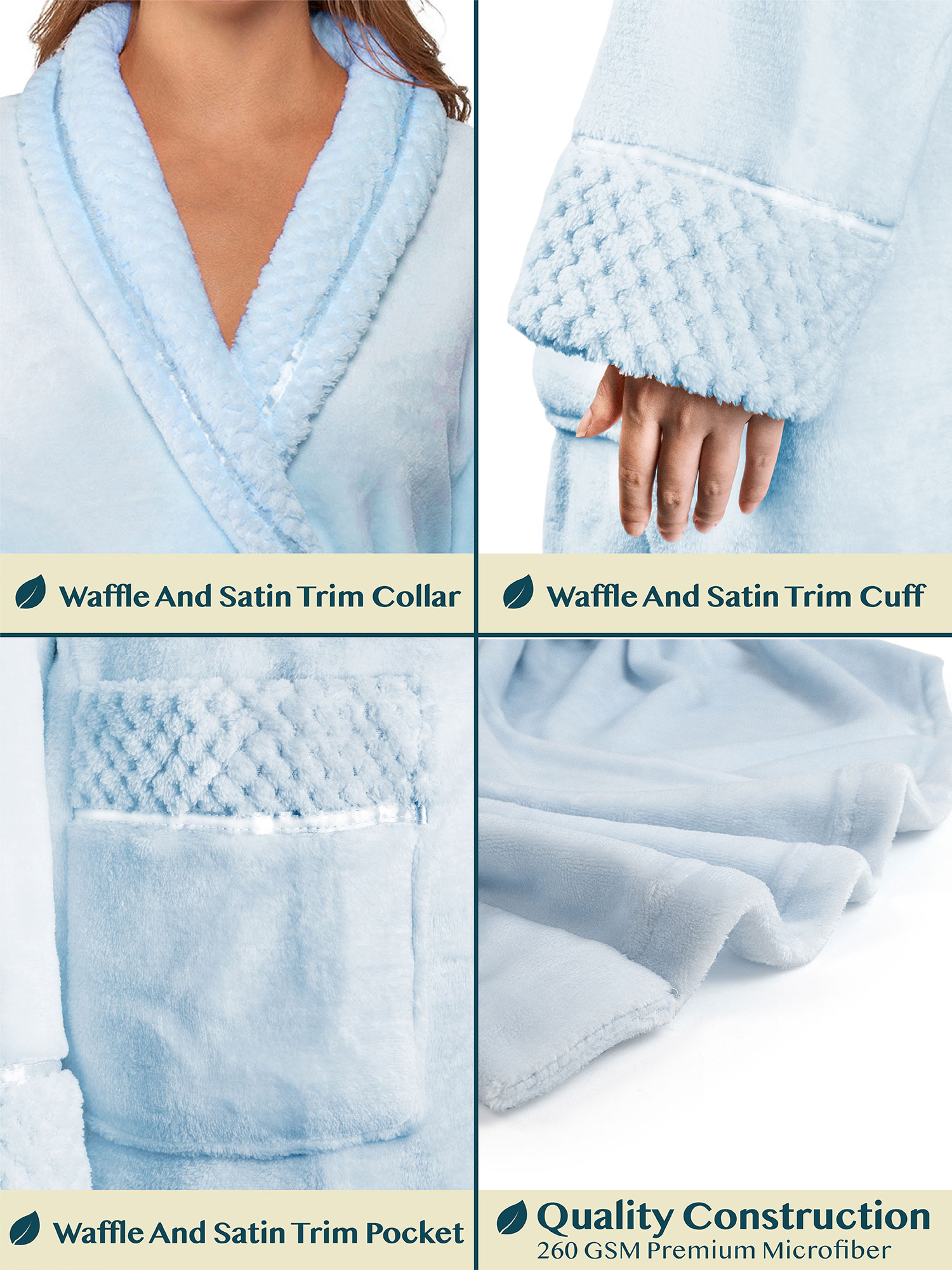 Womens Fleece Robe with Waffle Trim Plush Soft Warm Long Spa Night Bathrobe Lady