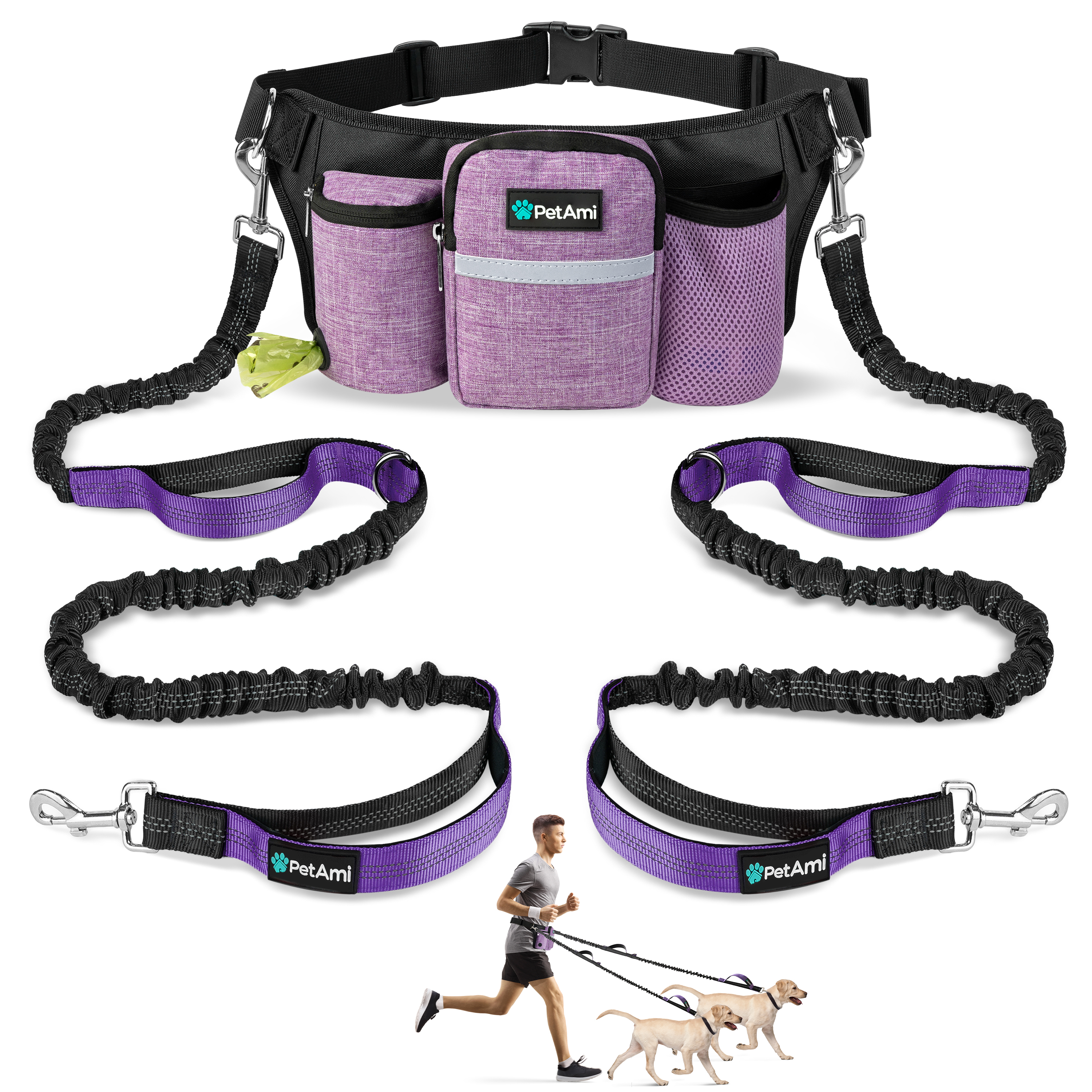Hands Free Dog Bungee Leash Adjustable Waist Pouch for 2 Dogs Walking Running - Picture 18 of 25
