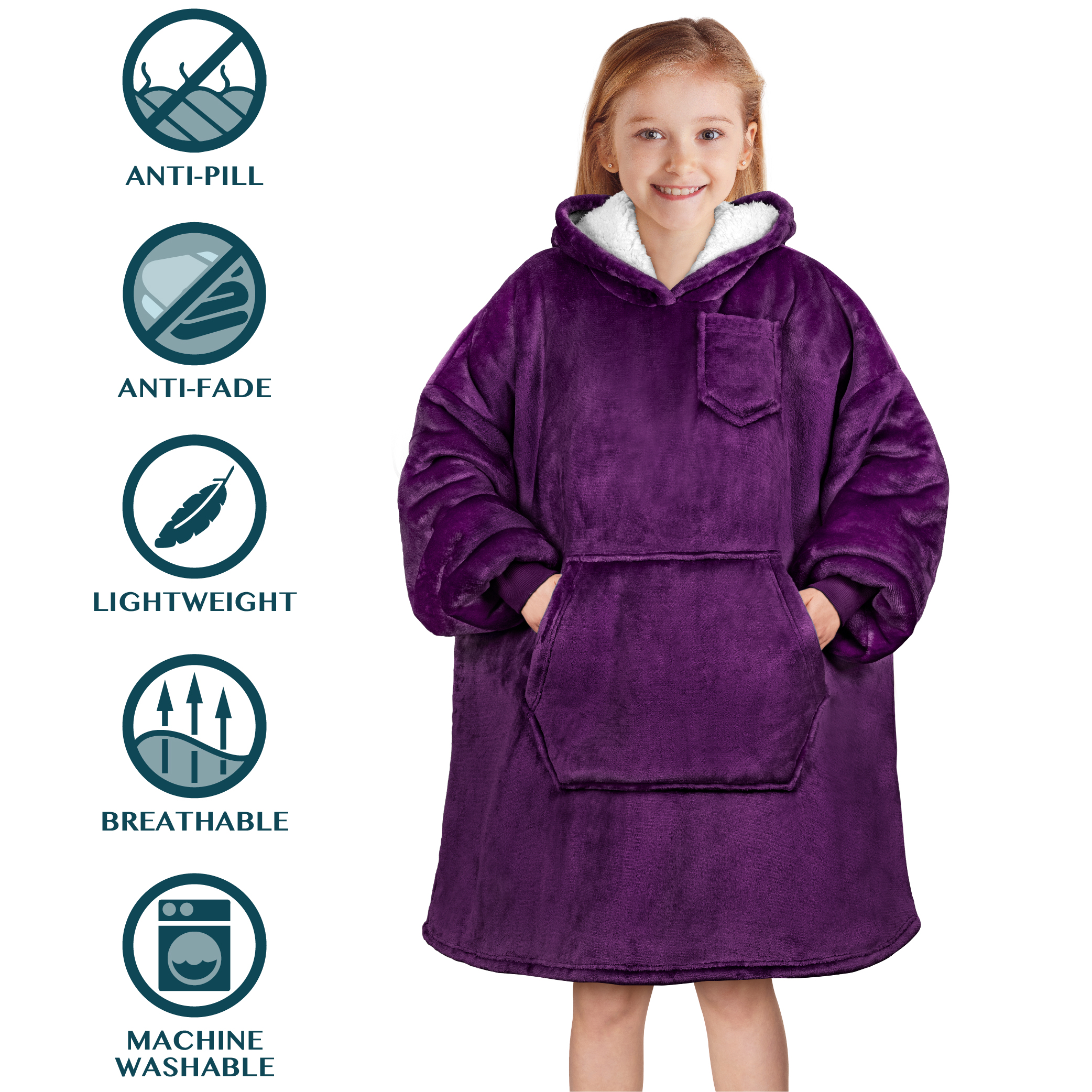 Blanket Sweatshirt Sherpa Lining Comfy Fleece Oversized Hoodie for Kids Teens JR - Picture 48 of 71