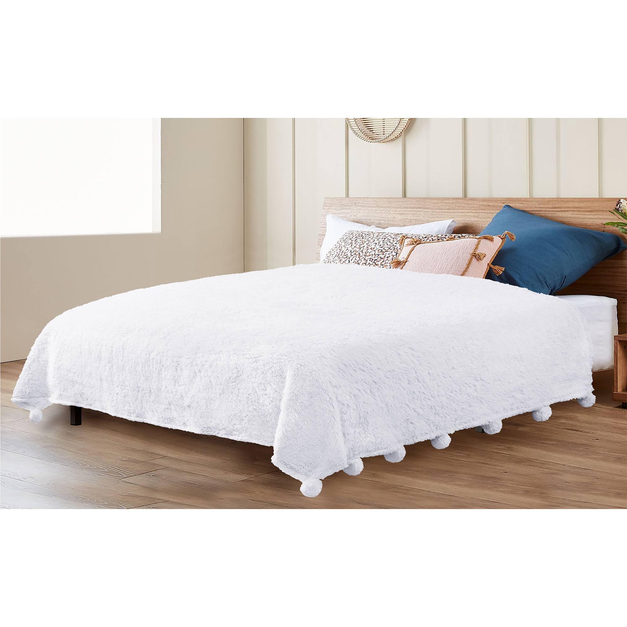 Soft Fuzzy Cozy Pom Pom Throw Blanket with Fluffy Sherpa Fleece for Sofa Couch - Picture 100 of 100