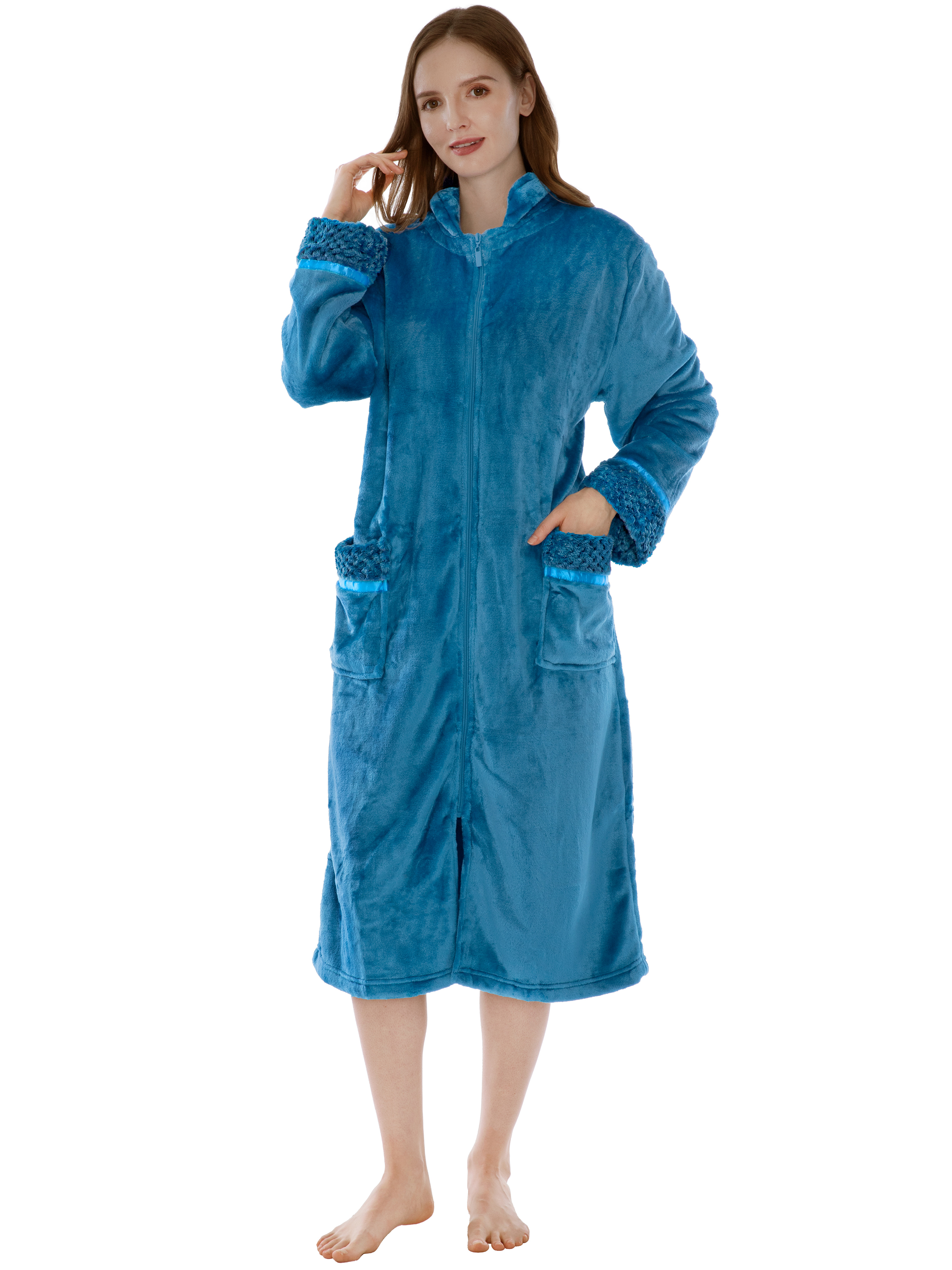 Women Zipper Robe Housecoat Lounger Zip Up Robe Full Length Satin Trim Ladies - Picture 65 of 89