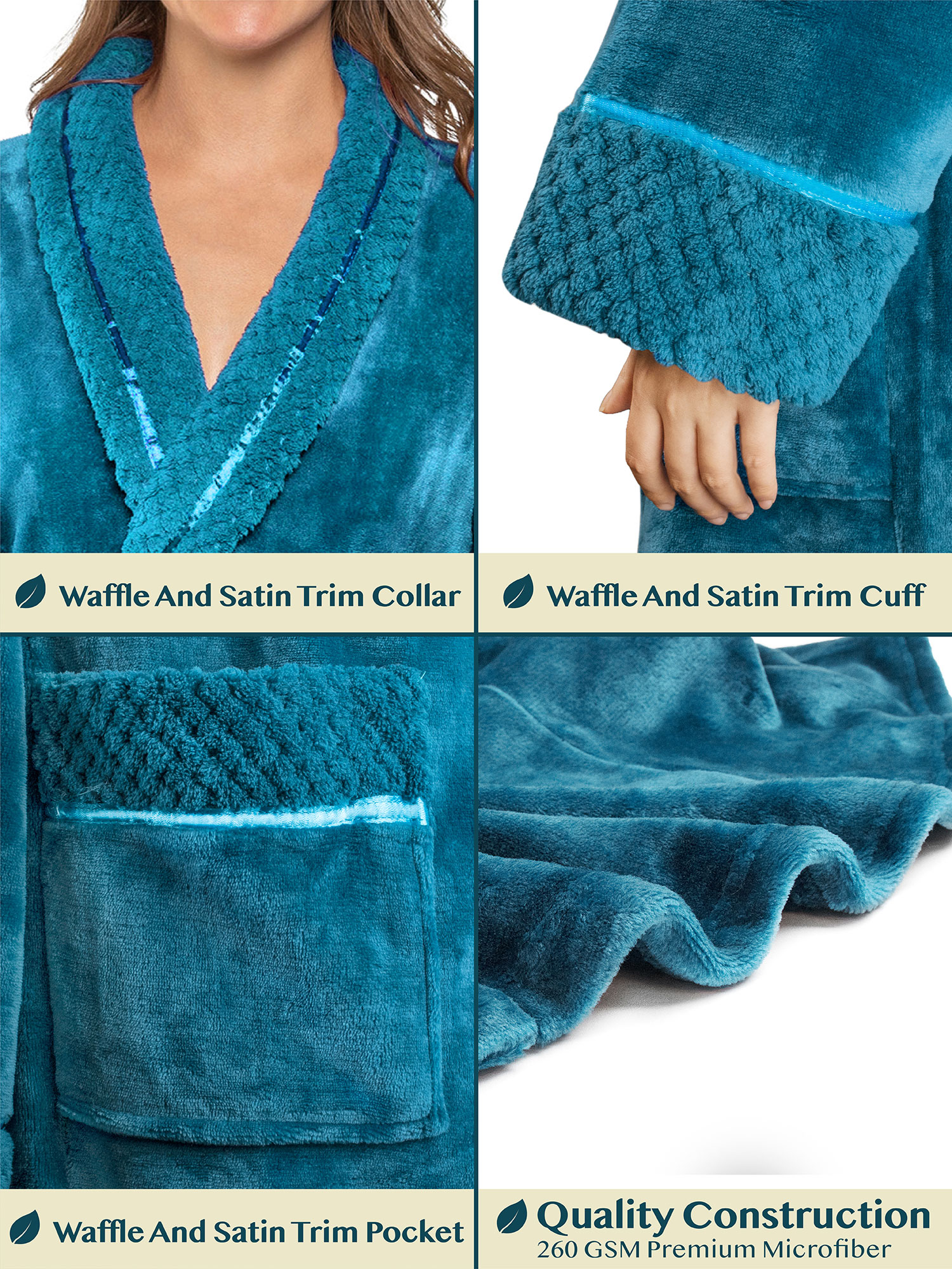 Womens Fleece Robe with Waffle Trim Plush Soft Warm Long Spa Night Bathrobe Lady