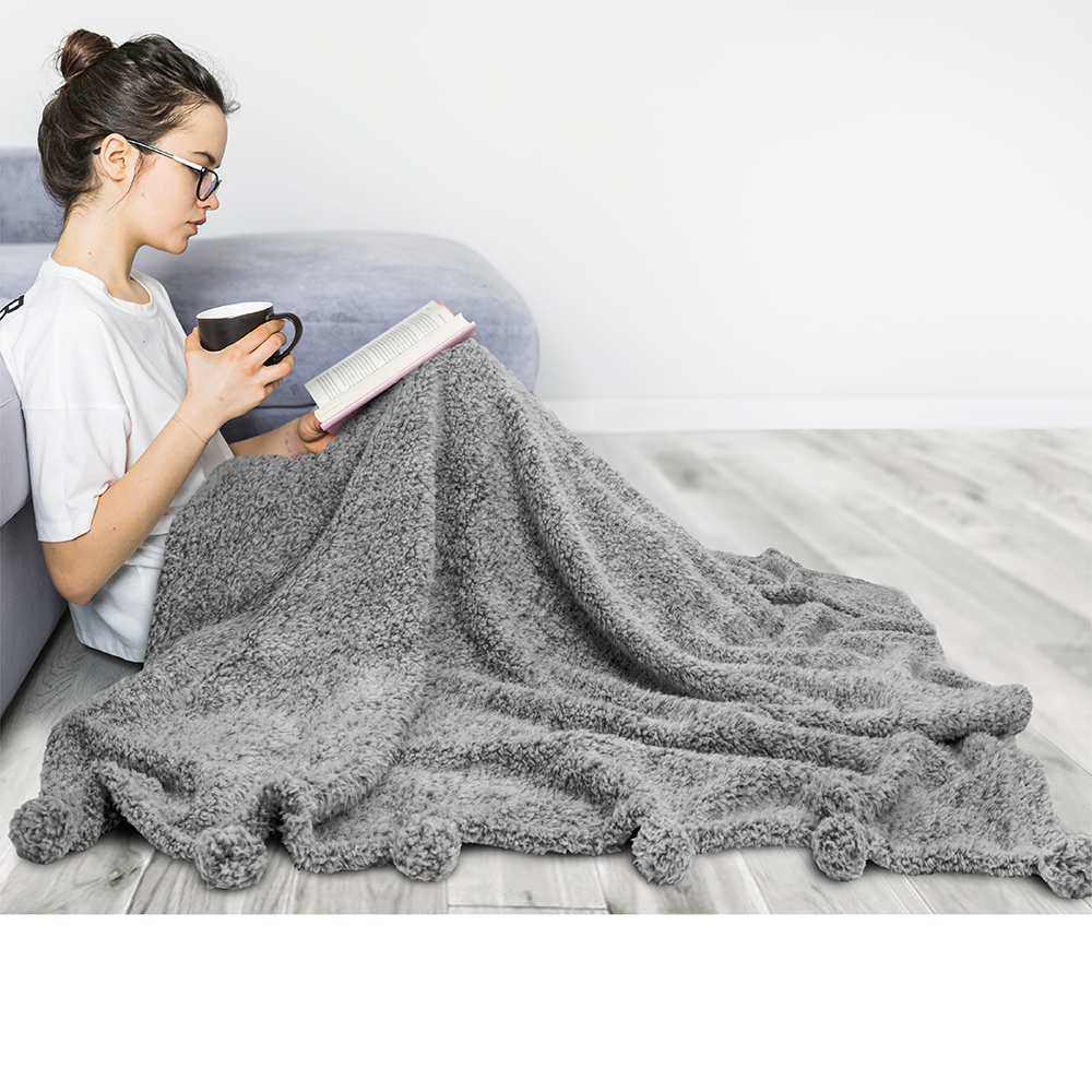 Soft Fuzzy Cozy Pom Pom Throw Blanket with Fluffy Sherpa Fleece for Sofa Couch - Picture 38 of 100