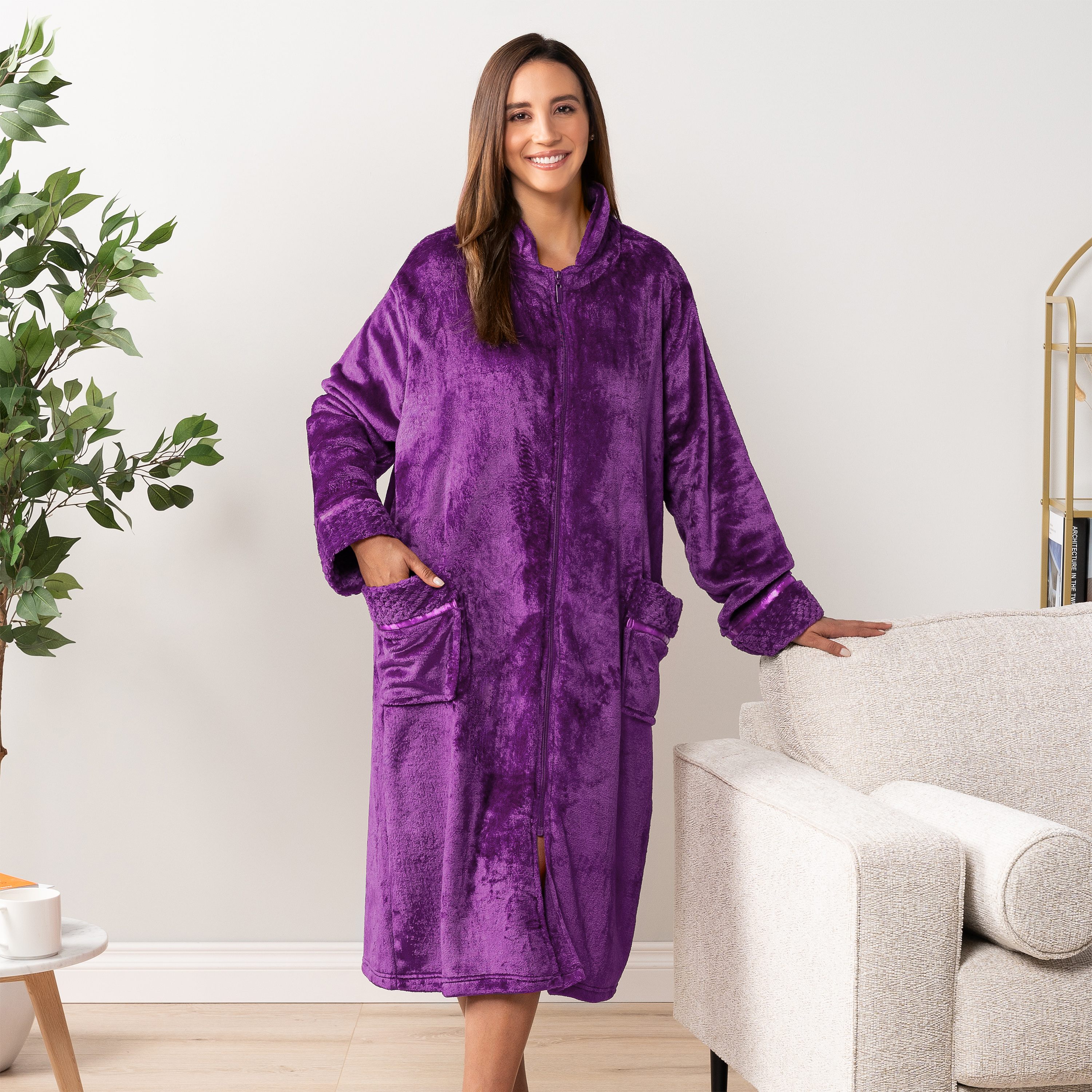 Women Zipper Robe Housecoat Lounger Zip Up Robe Full Length Satin Trim Ladies - Picture 58 of 89