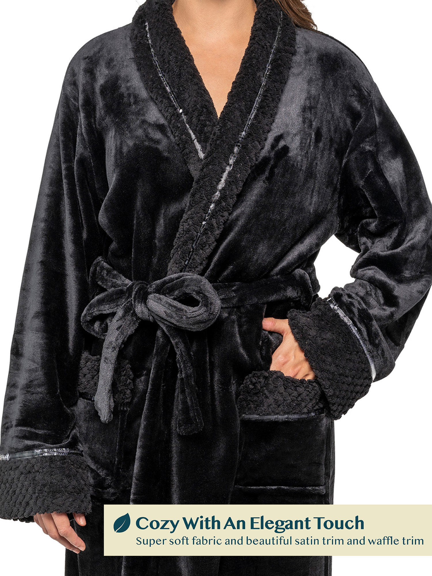 Womens Fleece Robe with Waffle Trim Plush Soft Warm Long Spa Night Bathrobe Lady