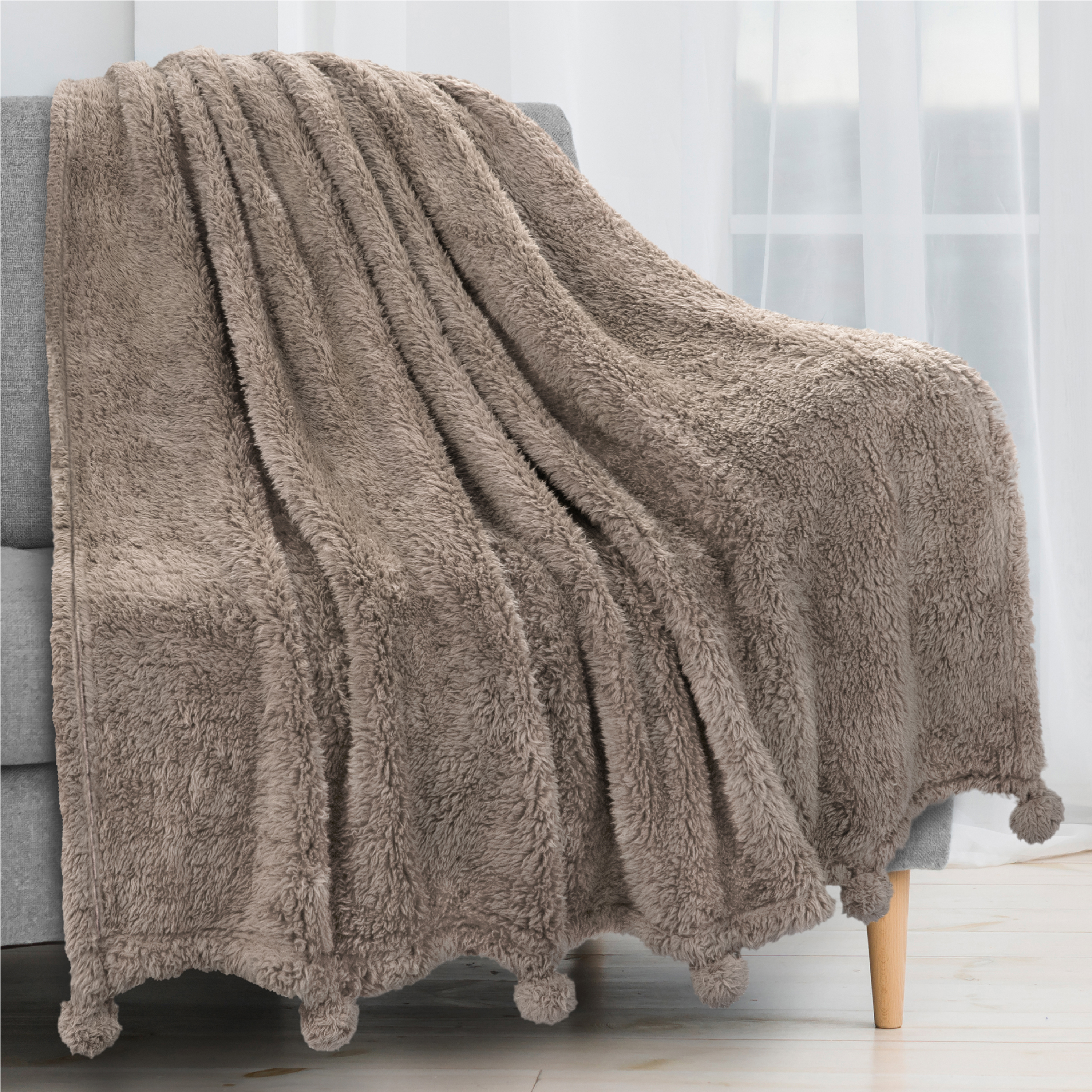 Soft Fuzzy Cozy Pom Pom Throw Blanket with Fluffy Sherpa Fleece for Sofa Couch - Picture 72 of 100