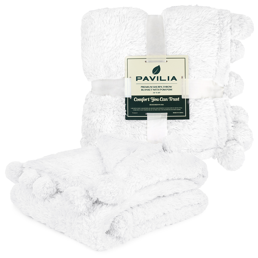 Soft Fuzzy Cozy Pom Pom Throw Blanket with Fluffy Sherpa Fleece for Sofa Couch - Picture 93 of 100