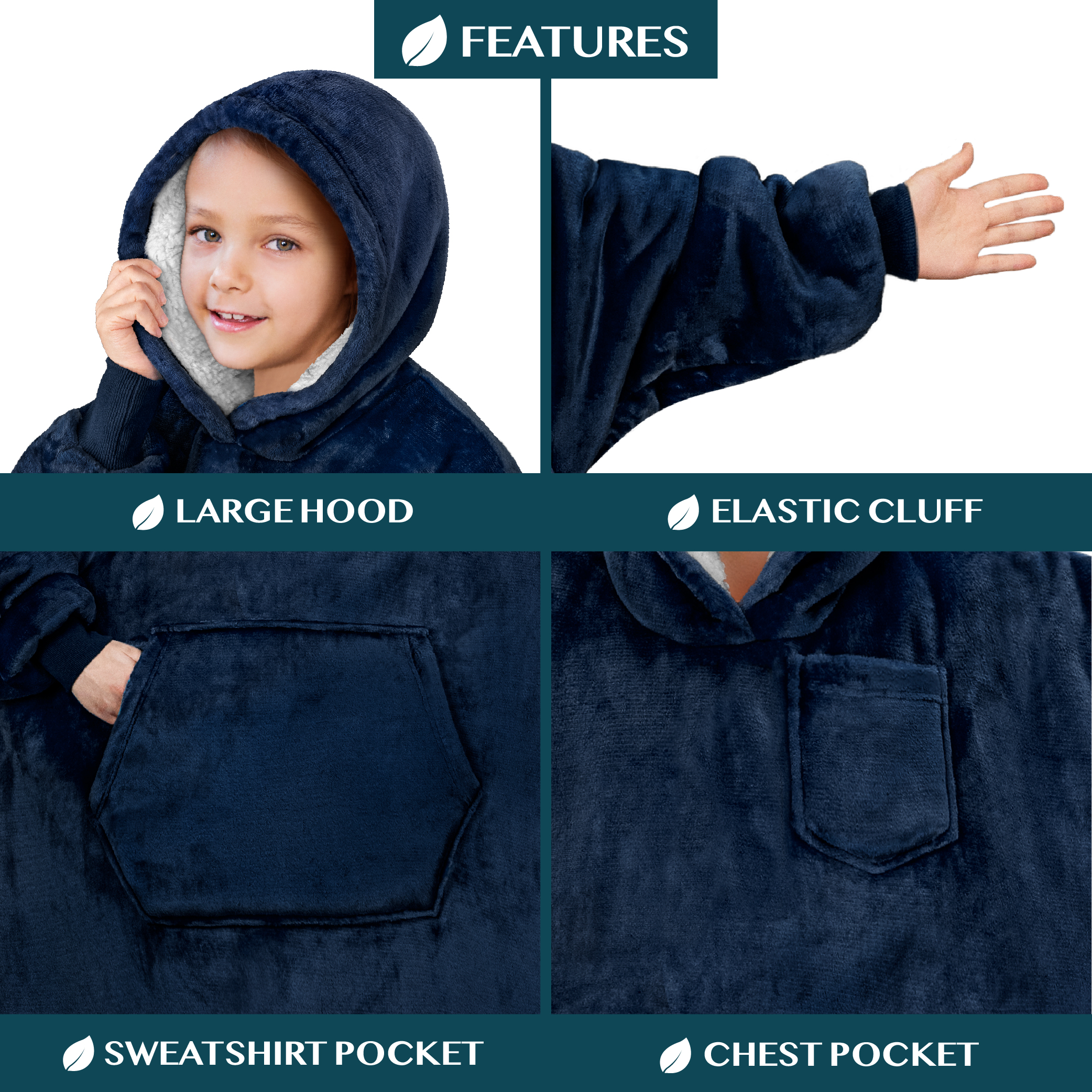 Blanket Sweatshirt Sherpa Lining Comfy Fleece Oversized Hoodie for Kids Teens JR - Picture 31 of 71