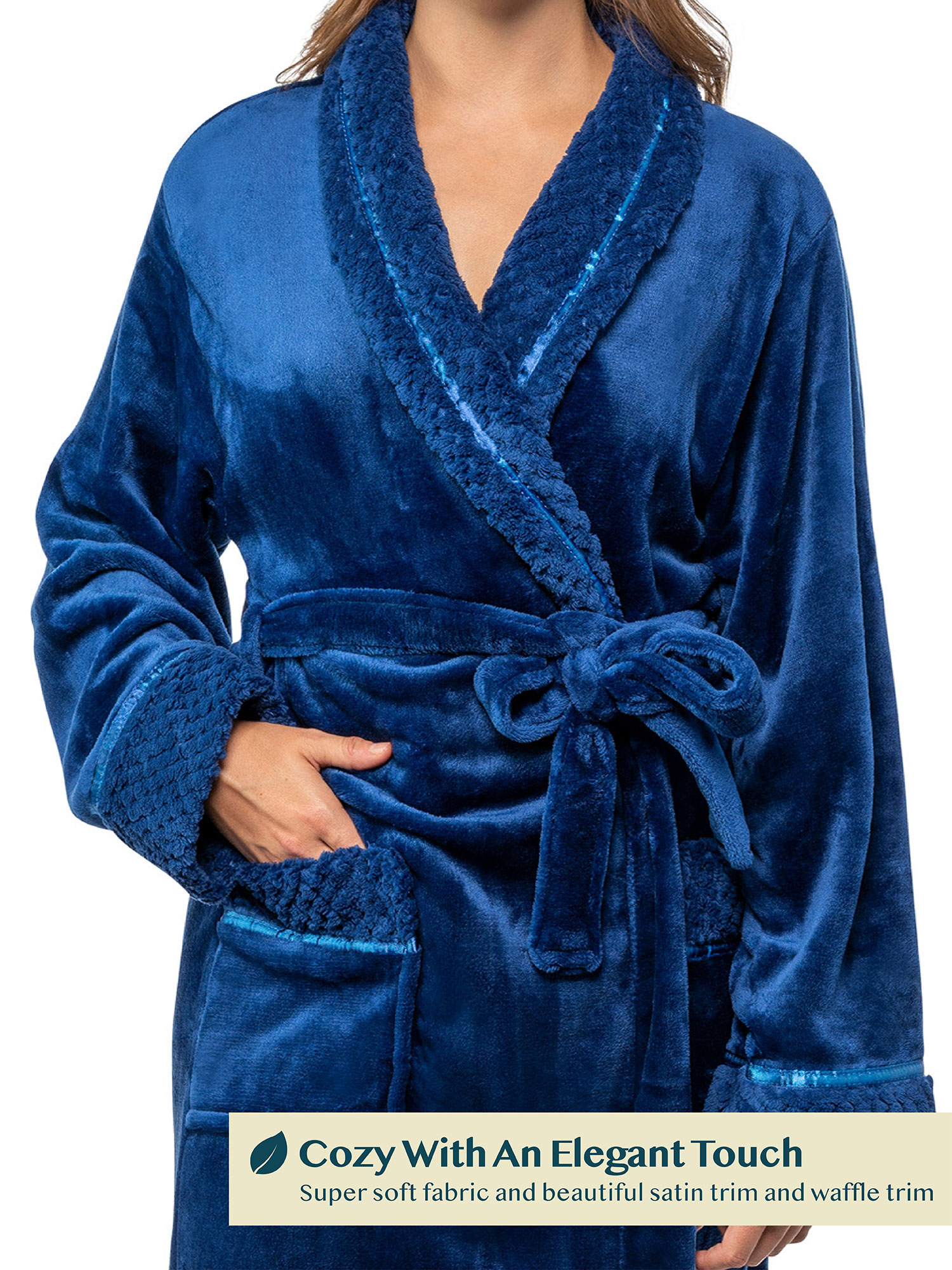 Womens Fleece Robe with Waffle Trim Plush Soft Warm Long Spa Night Bathrobe Lady