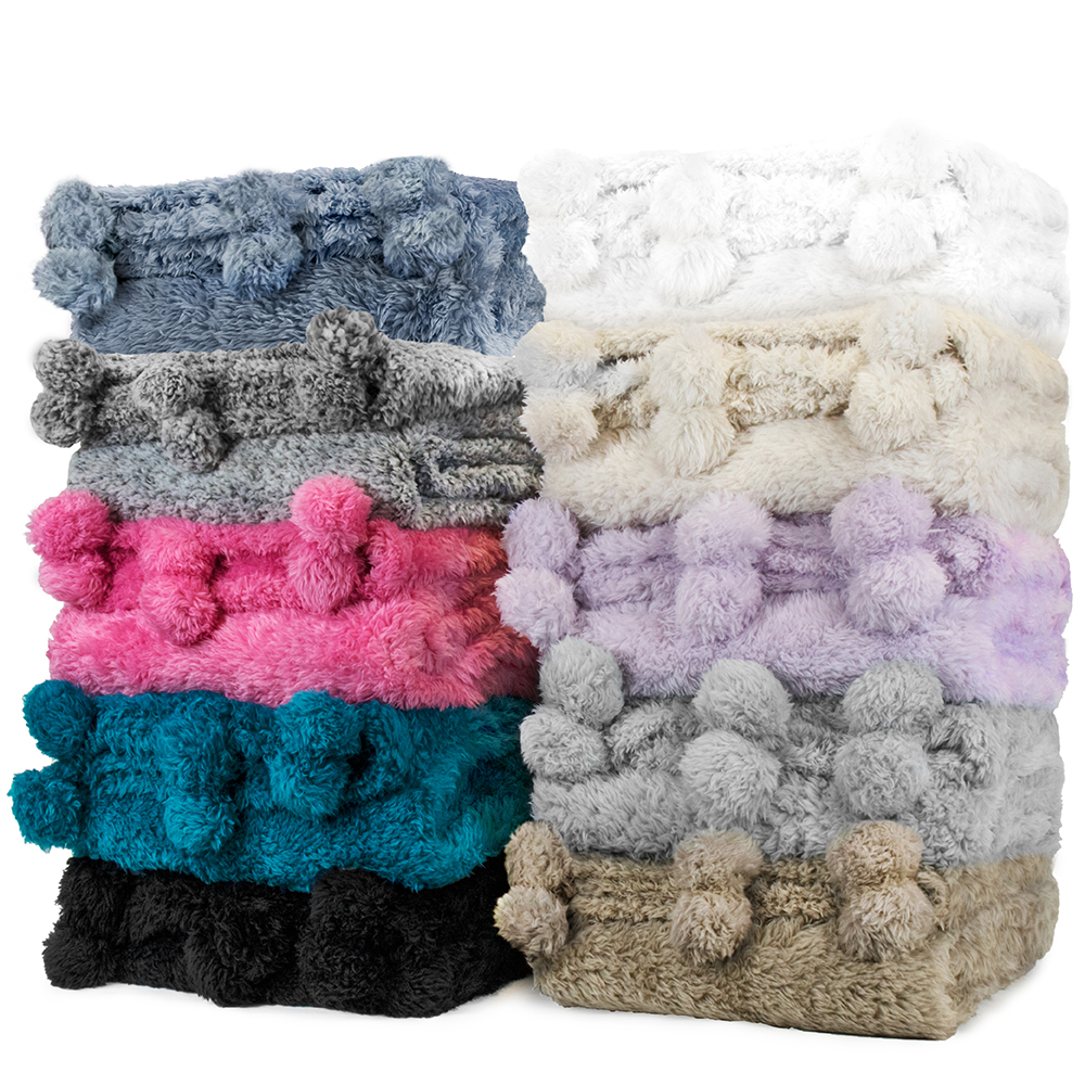 Soft Fuzzy Cozy Pom Pom Throw Blanket with Fluffy Sherpa Fleece for Sofa Couch - Picture 12 of 100