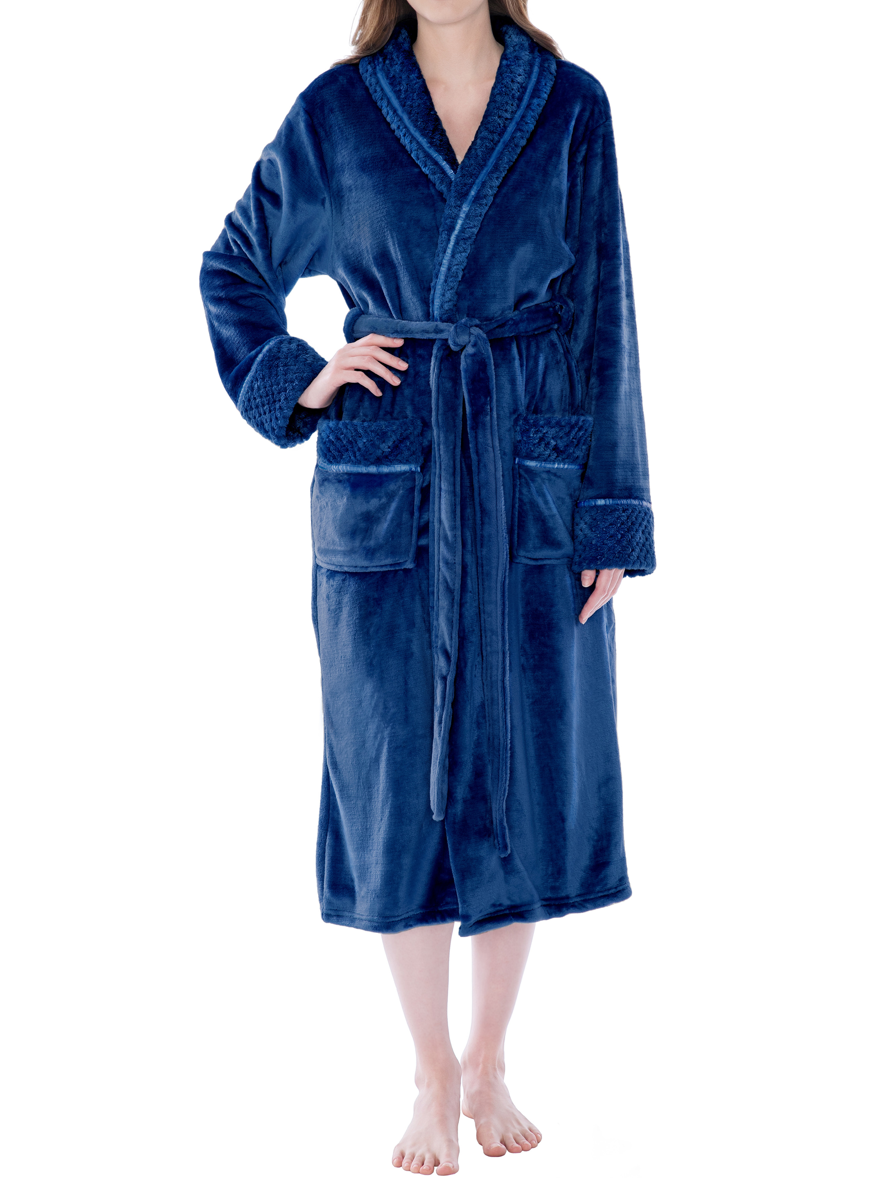 Womens Fleece Robe with Waffle Trim Plush Soft Warm Long Spa Night Bathrobe Lady