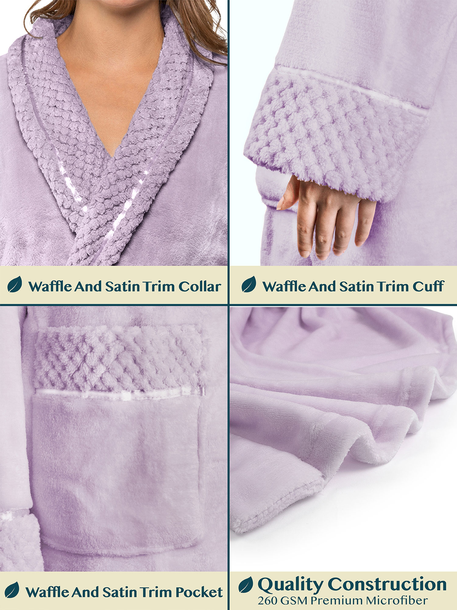 Womens Fleece Robe with Waffle Trim Plush Soft Warm Long Spa Night Bathrobe Lady