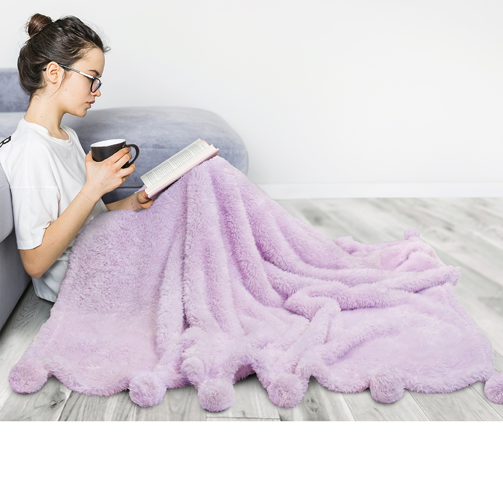 Soft Fuzzy Cozy Pom Pom Throw Blanket with Fluffy Sherpa Fleece for Sofa Couch - Picture 56 of 100