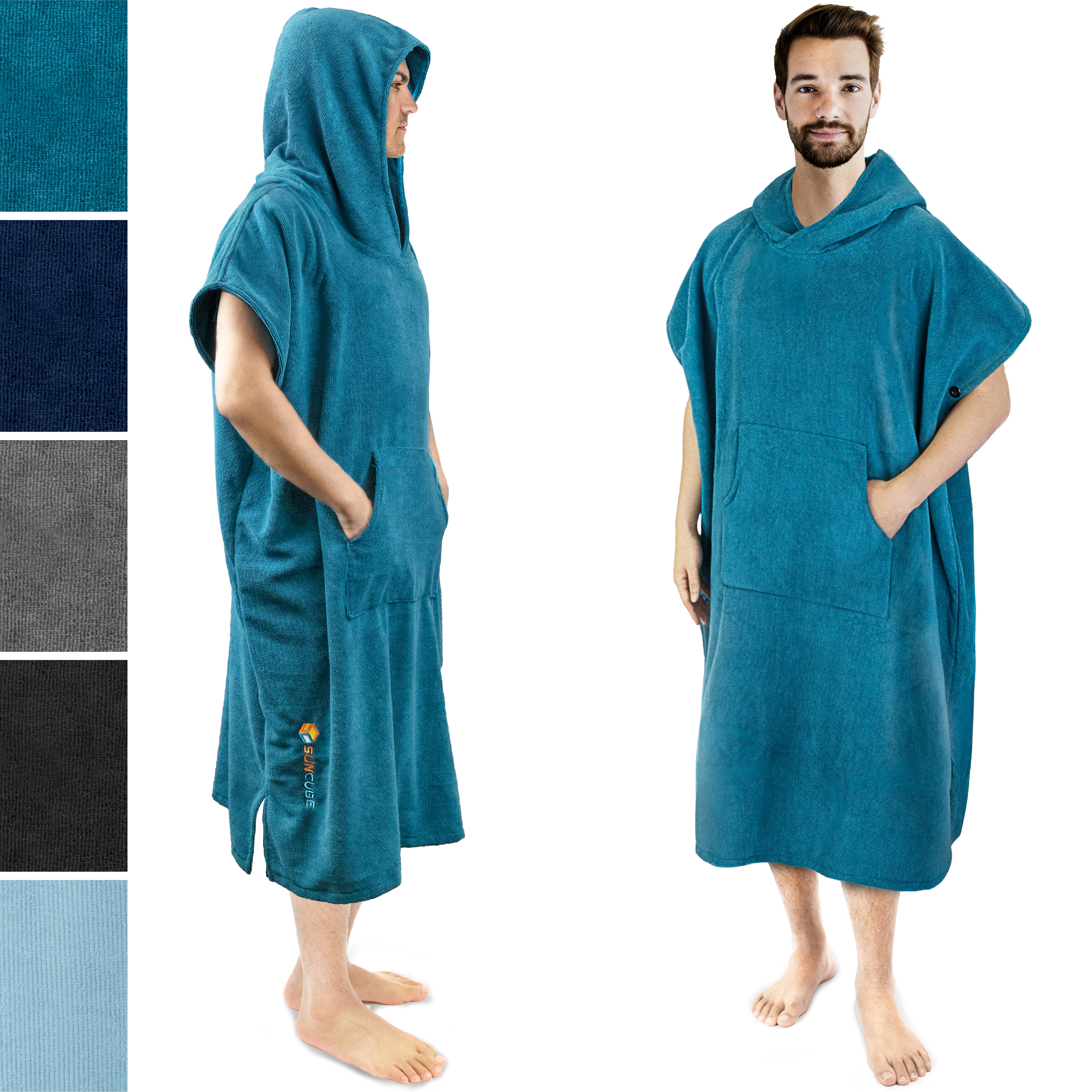Unisex Beach Bath Surf Poncho Robe With Hood Wetsuit Changing Towel Blue 