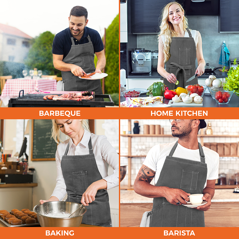 Chef Apron Men Women Cooking Baker Waiter Bib Canvas With Pockets Adjustable Tie - Picture 17 of 33