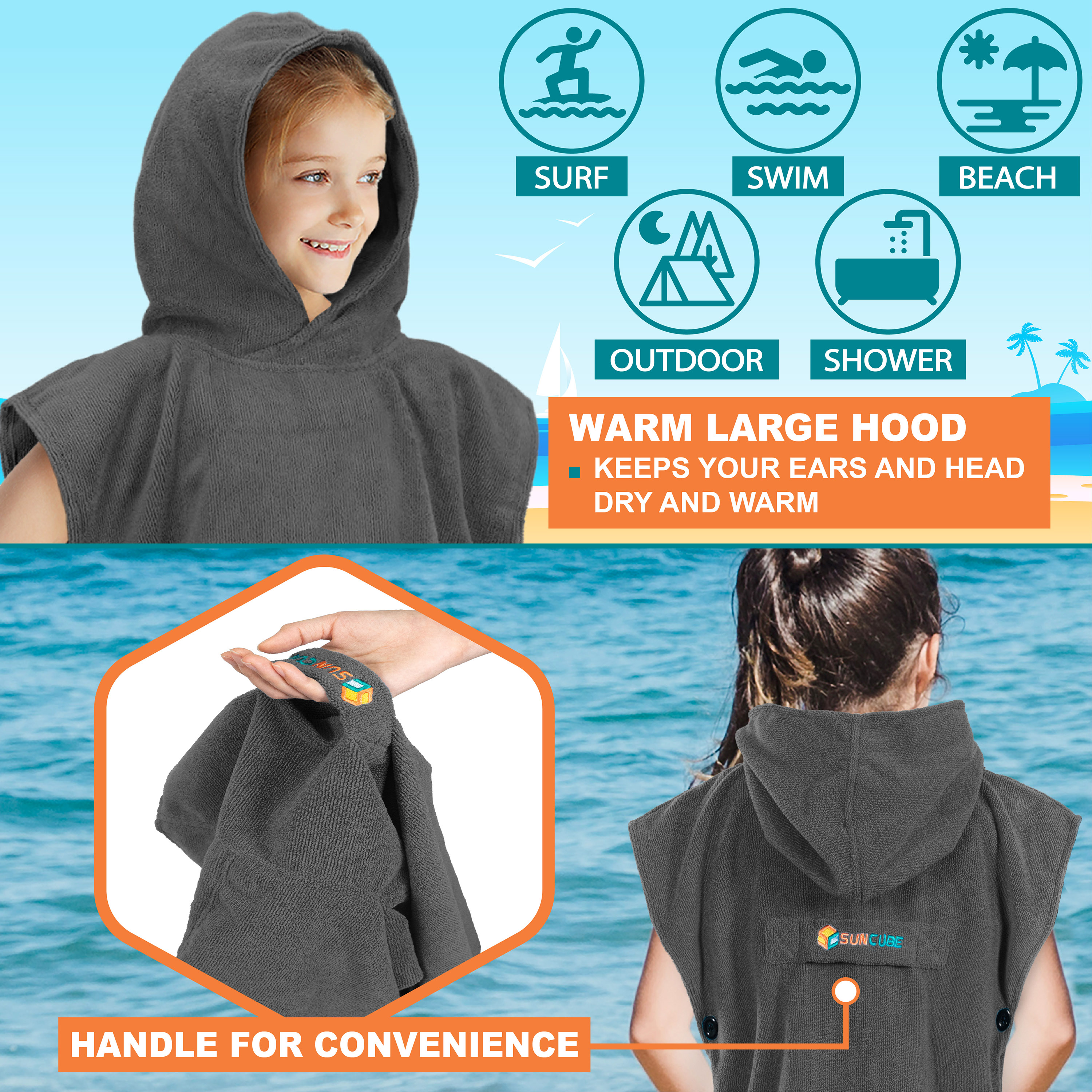 Kids Swim Poncho Hooded Towel Changing Robe for Swim Bath Towel 3-8 Boys Girls - Picture 25 of 71