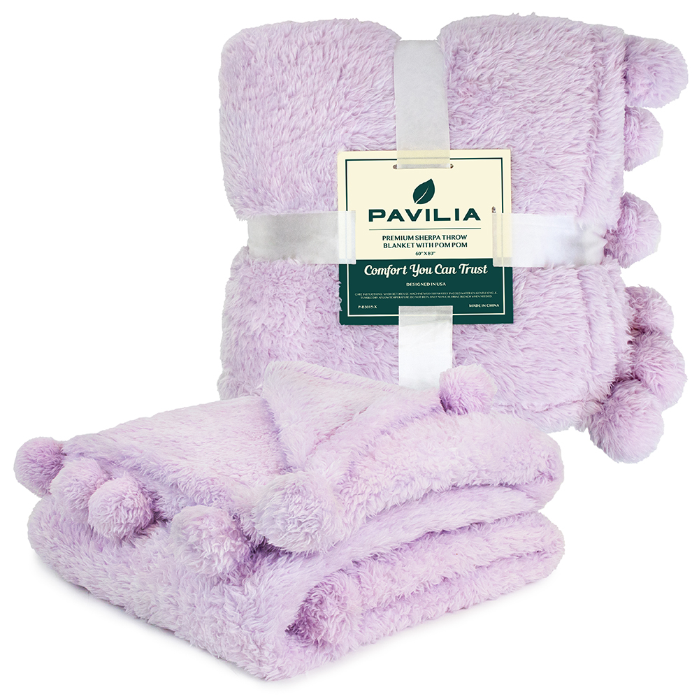 Soft Fuzzy Cozy Pom Pom Throw Blanket with Fluffy Sherpa Fleece for Sofa Couch - Picture 59 of 100