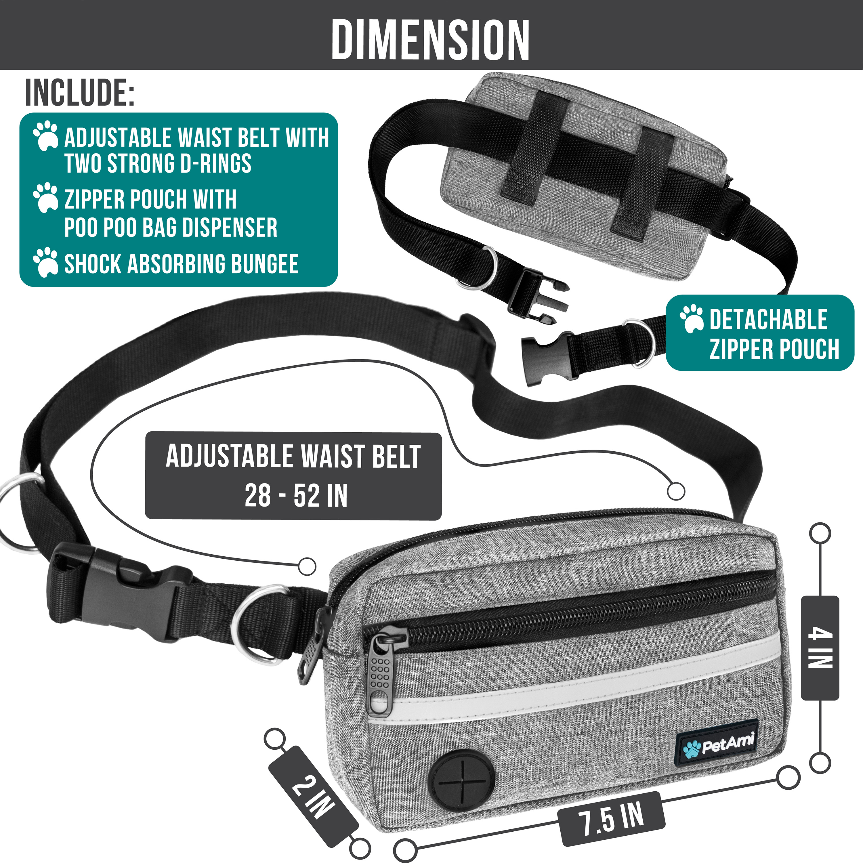 Hundeleine Gürtel Freihändig Laufen Joggen Gehen Gürteltasche mit Bungee Leine - Bild 16 von 39