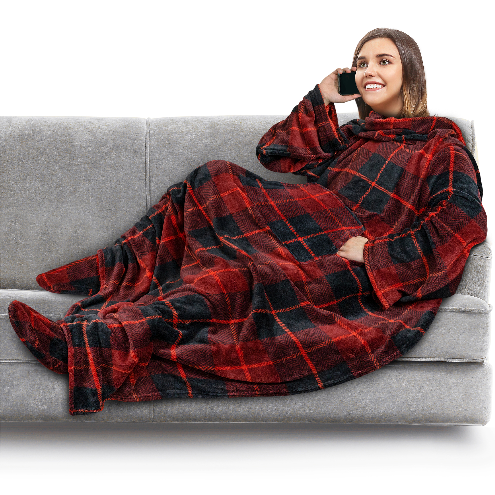 Tragbare Decke mit Fußtasche Ärmel Weich Fleece Wickel Sofa Couch TV Geschenke - Bild 123 von 192