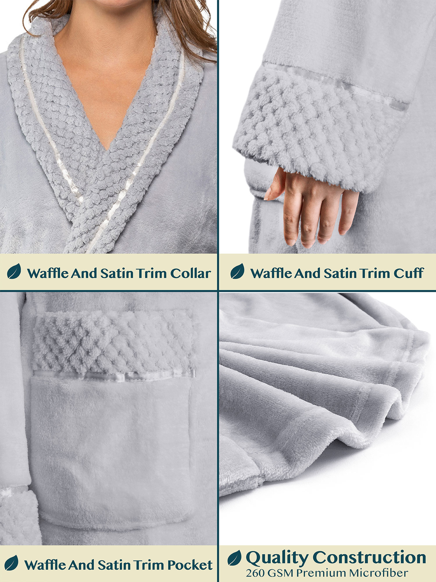 Womens Fleece Robe with Waffle Trim Plush Soft Warm Long Spa Night Bathrobe Lady