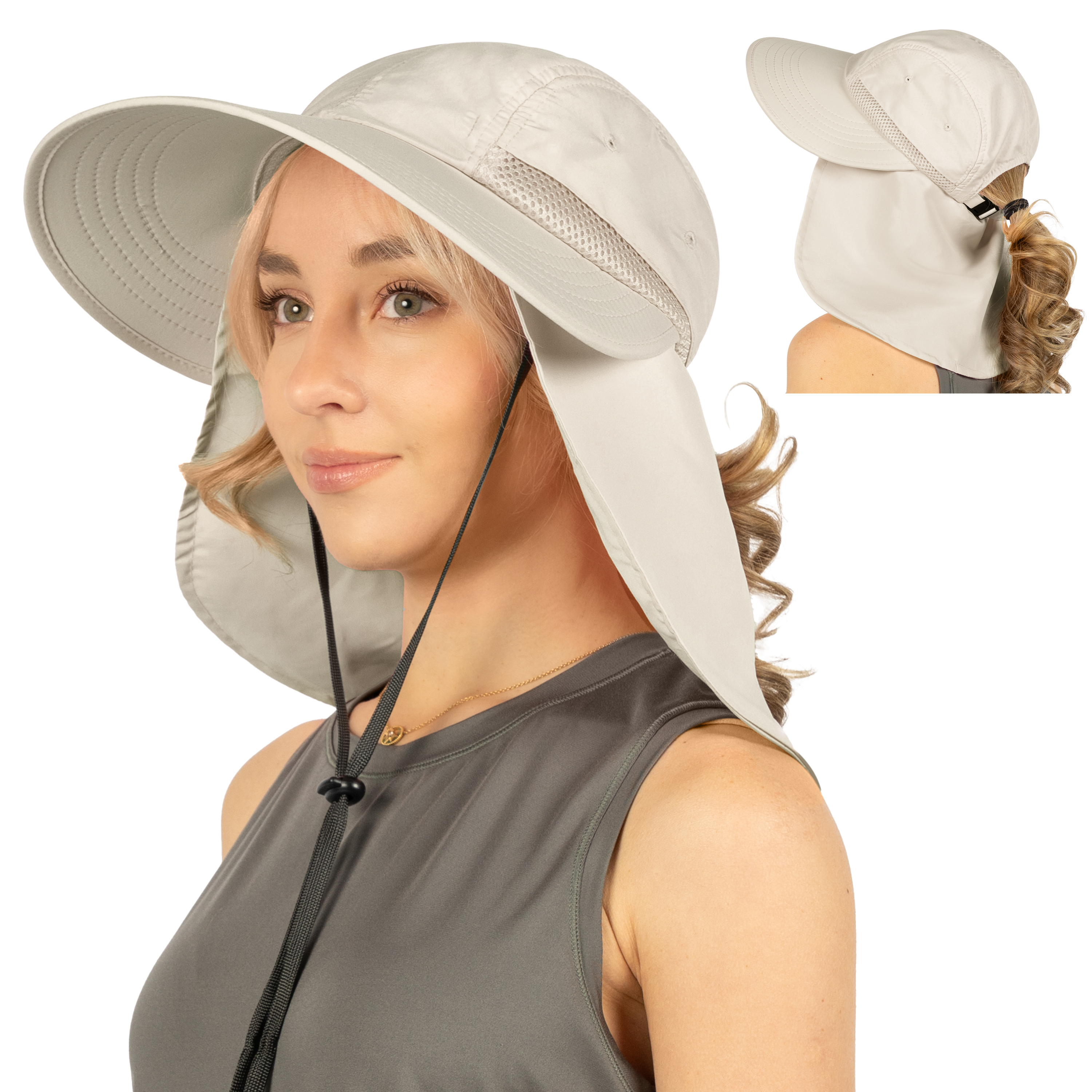 Sun Hat For Women with Neck Flap Ponytail Wide Brim Outdoor Hiking Summer Shade