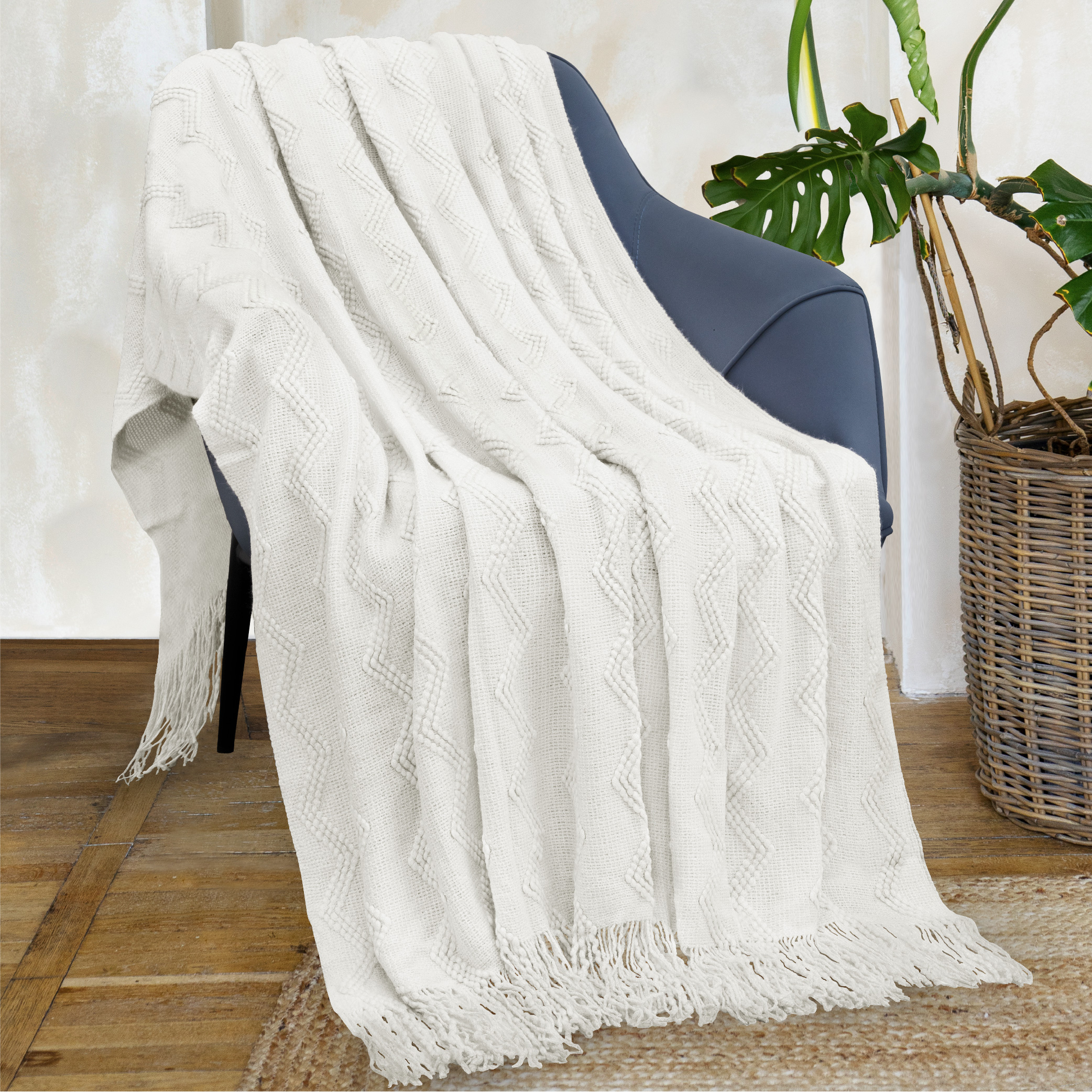 Textured Knitted Fringe Throw Blanket Decorative for Couch Sofa Bed Lightweight - Picture 130 of 142