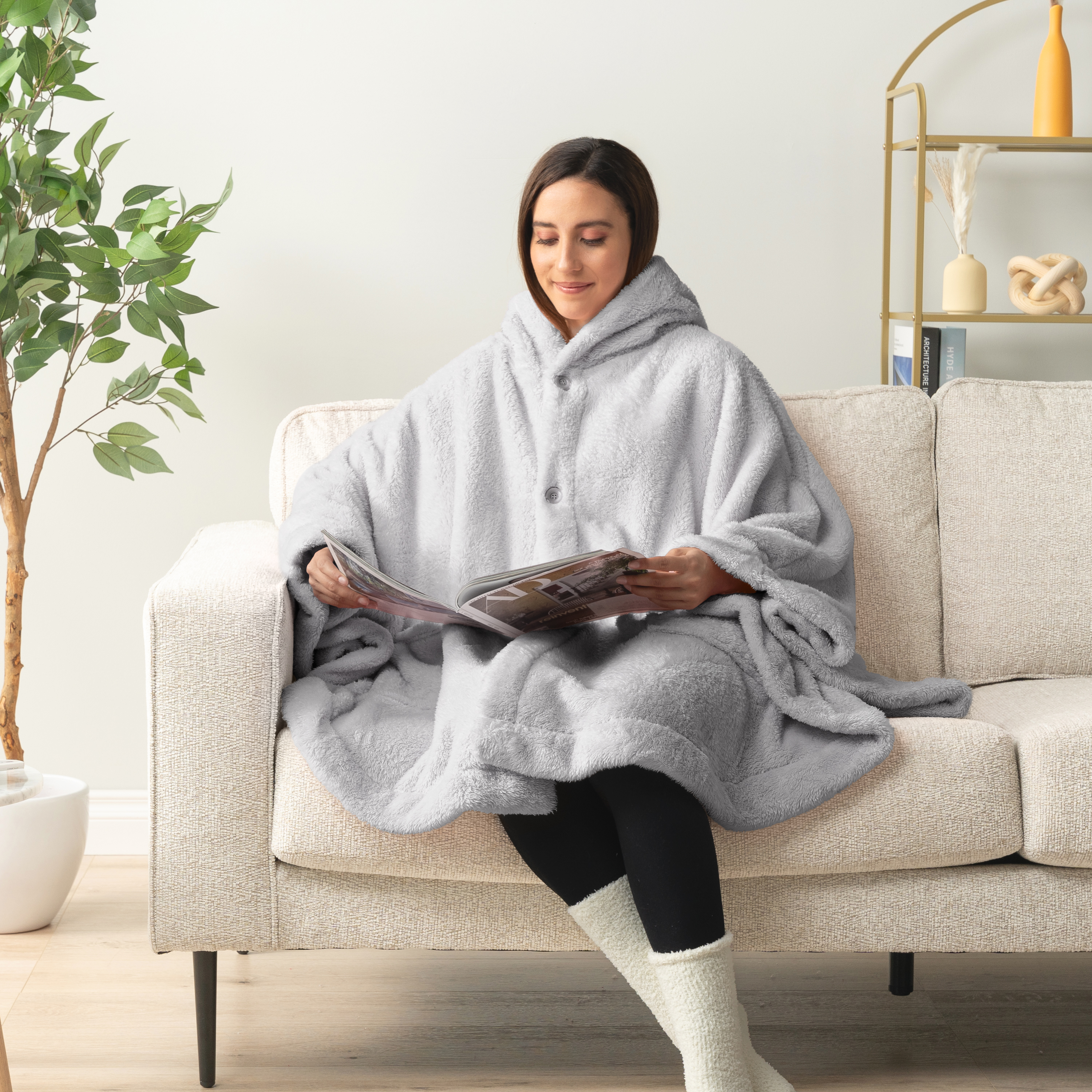 Poncho Manta con Capucha Usable Mantón Envoltura Capucha Bolsillos Suave Esponjoso Regalo - Imagen 49 de 81