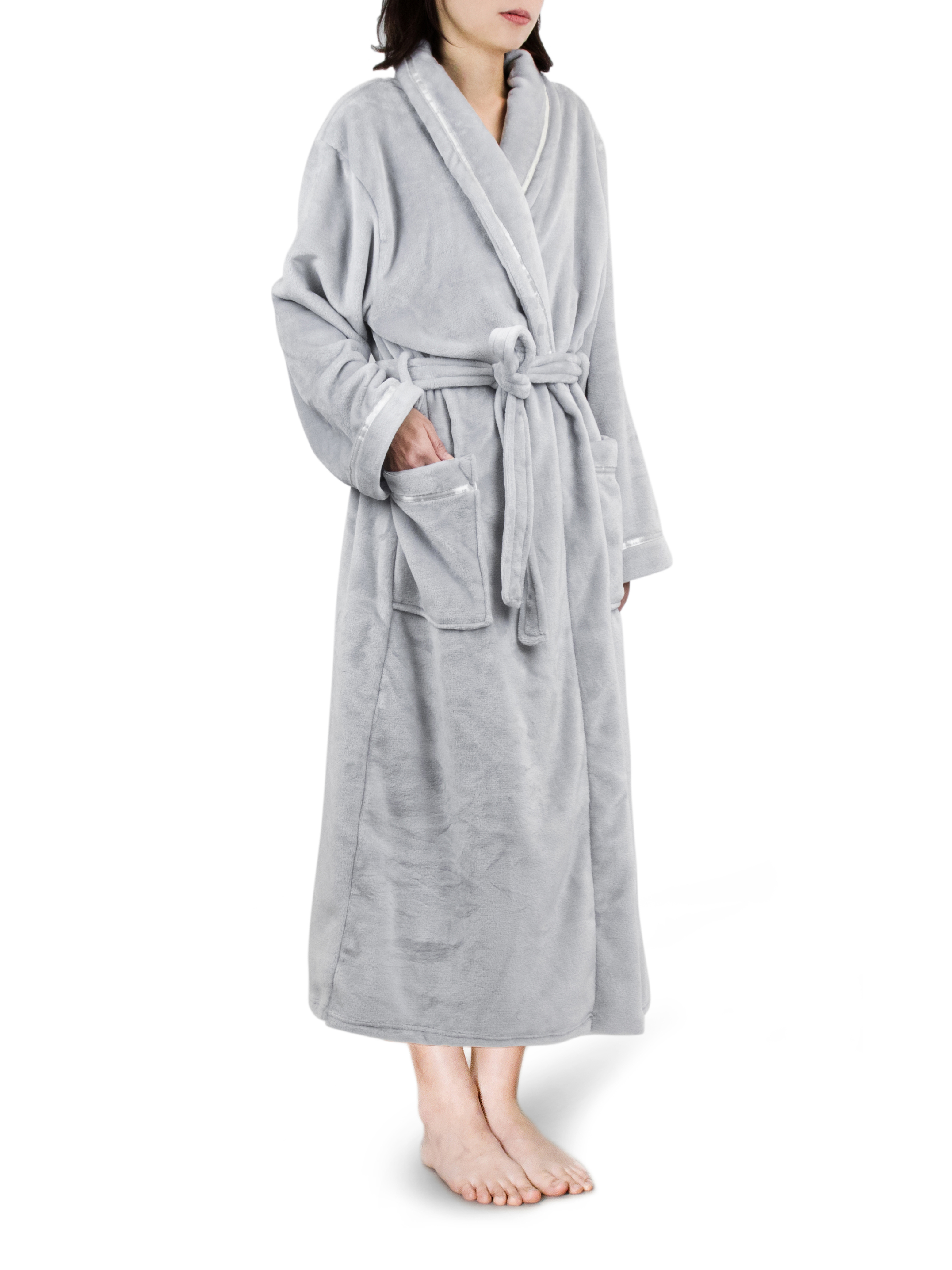 Premium Women Fleece Robe With Satin Trim | Light Grey Size Large 