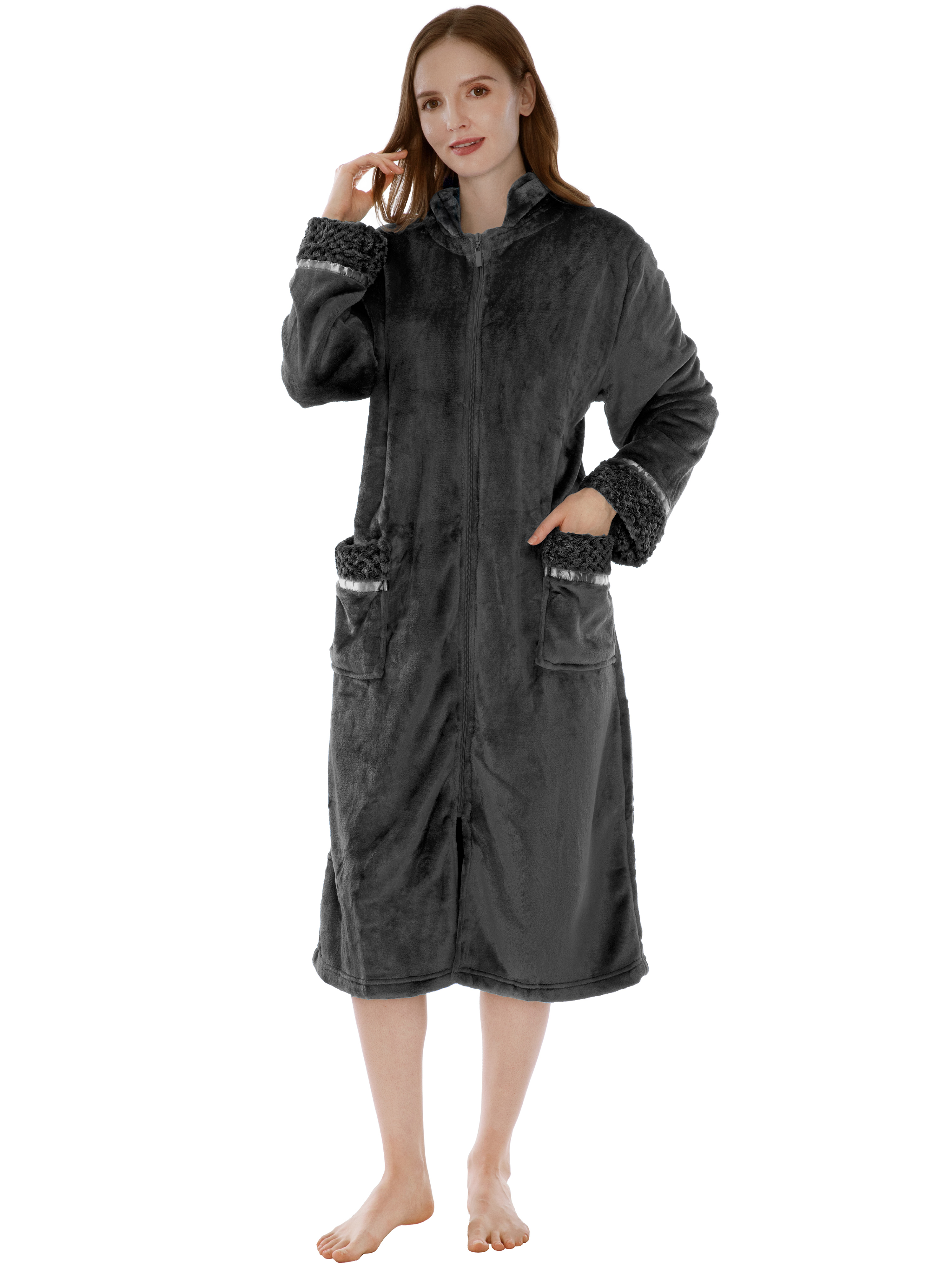 Women Zipper Robe Housecoat Lounger Zip Up Robe Full Length Satin Trim Ladies - Picture 2 of 89