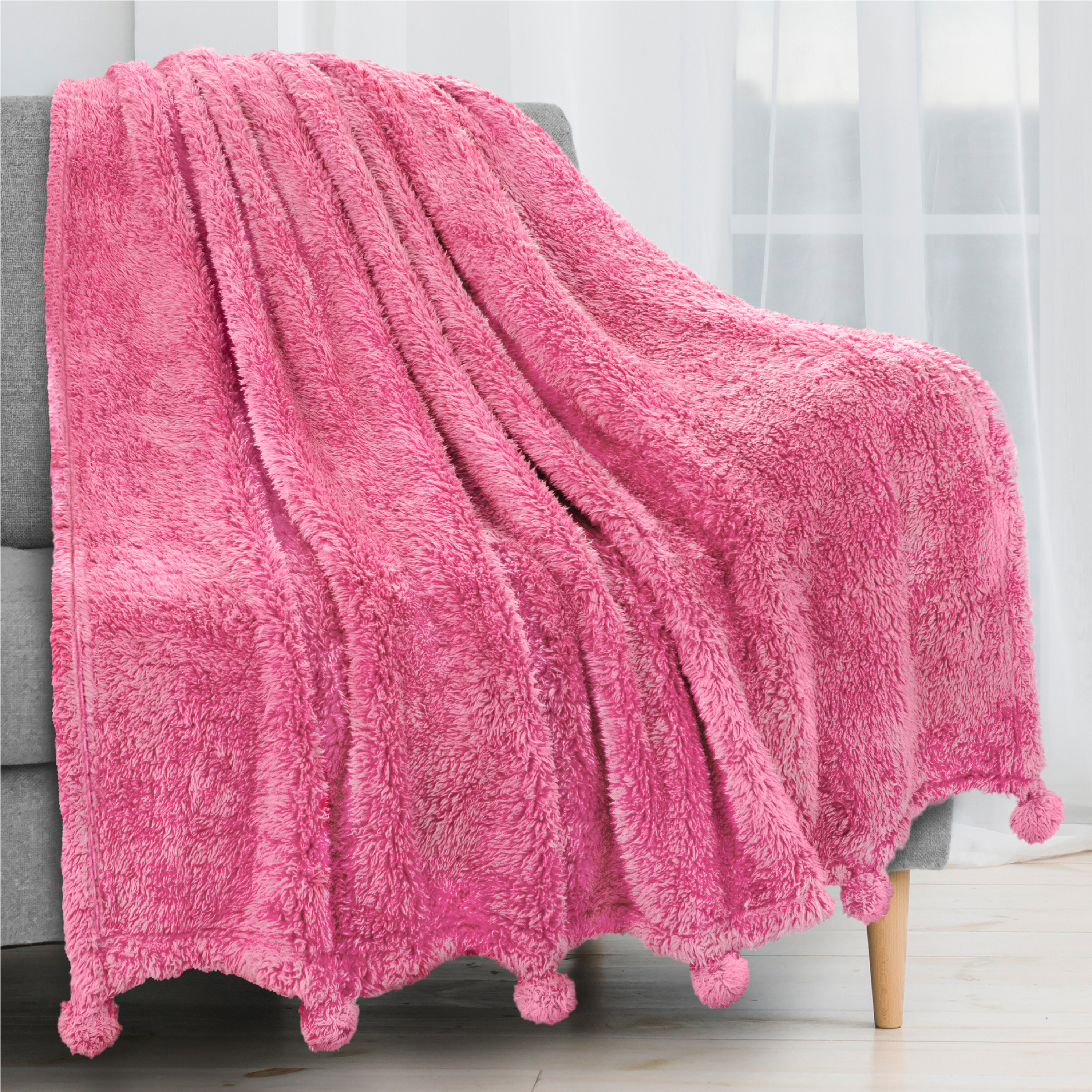 Soft Fuzzy Cozy Pom Pom Throw Blanket with Fluffy Sherpa Fleece for Sofa Couch - Picture 42 of 100