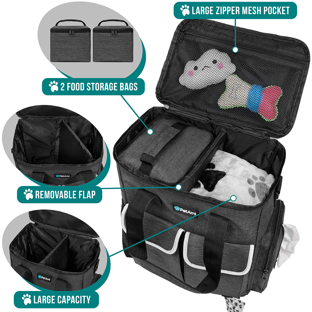 Dog Travel Bag Supplies Pet Organizer Set Pet Food Container Bowls Weekend Cat - Picture 6 of 36