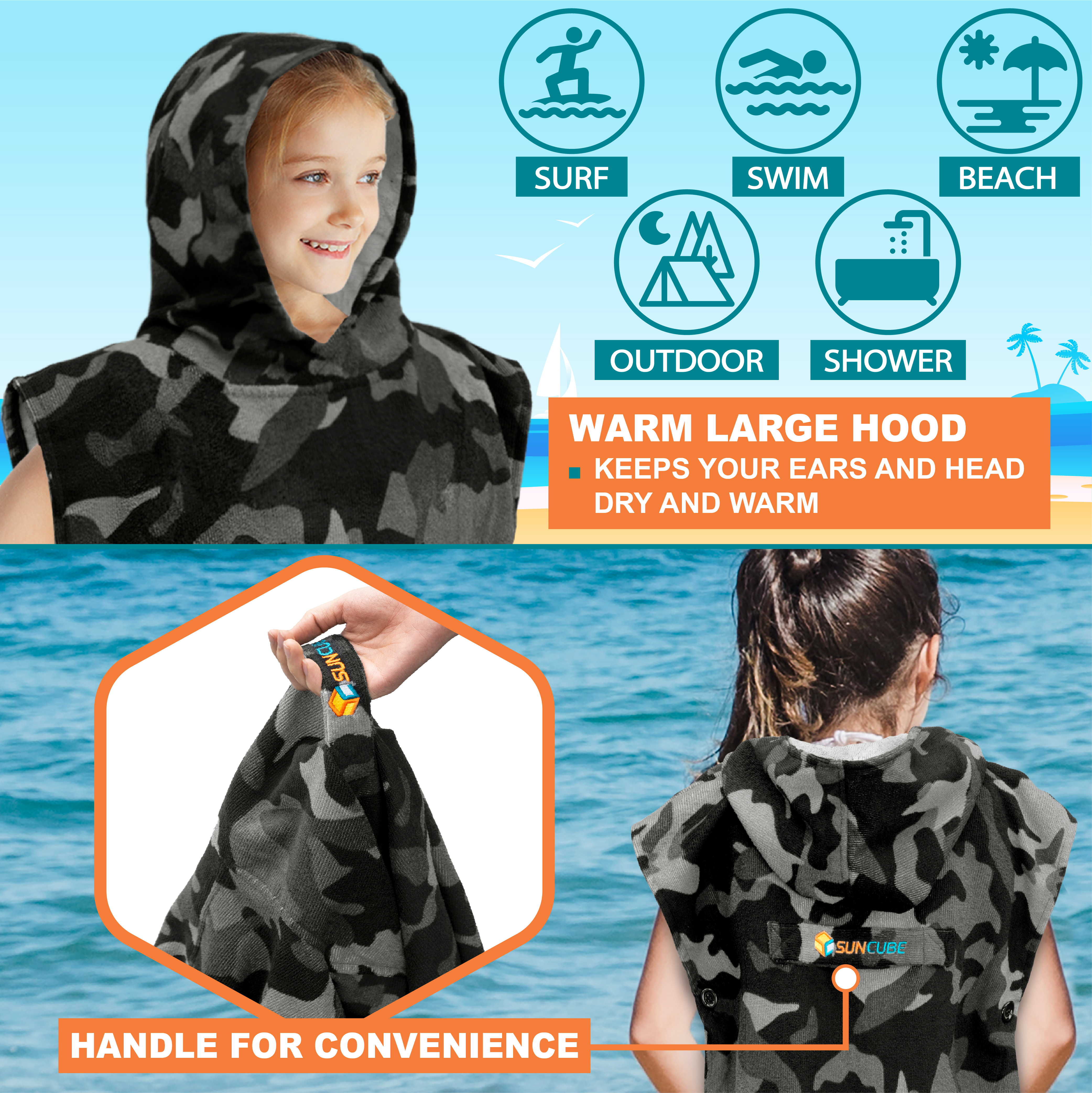 Kids Swim Poncho Hooded Towel Changing Robe for Swim Bath Towel 3-8 Boys Girls - Picture 11 of 71