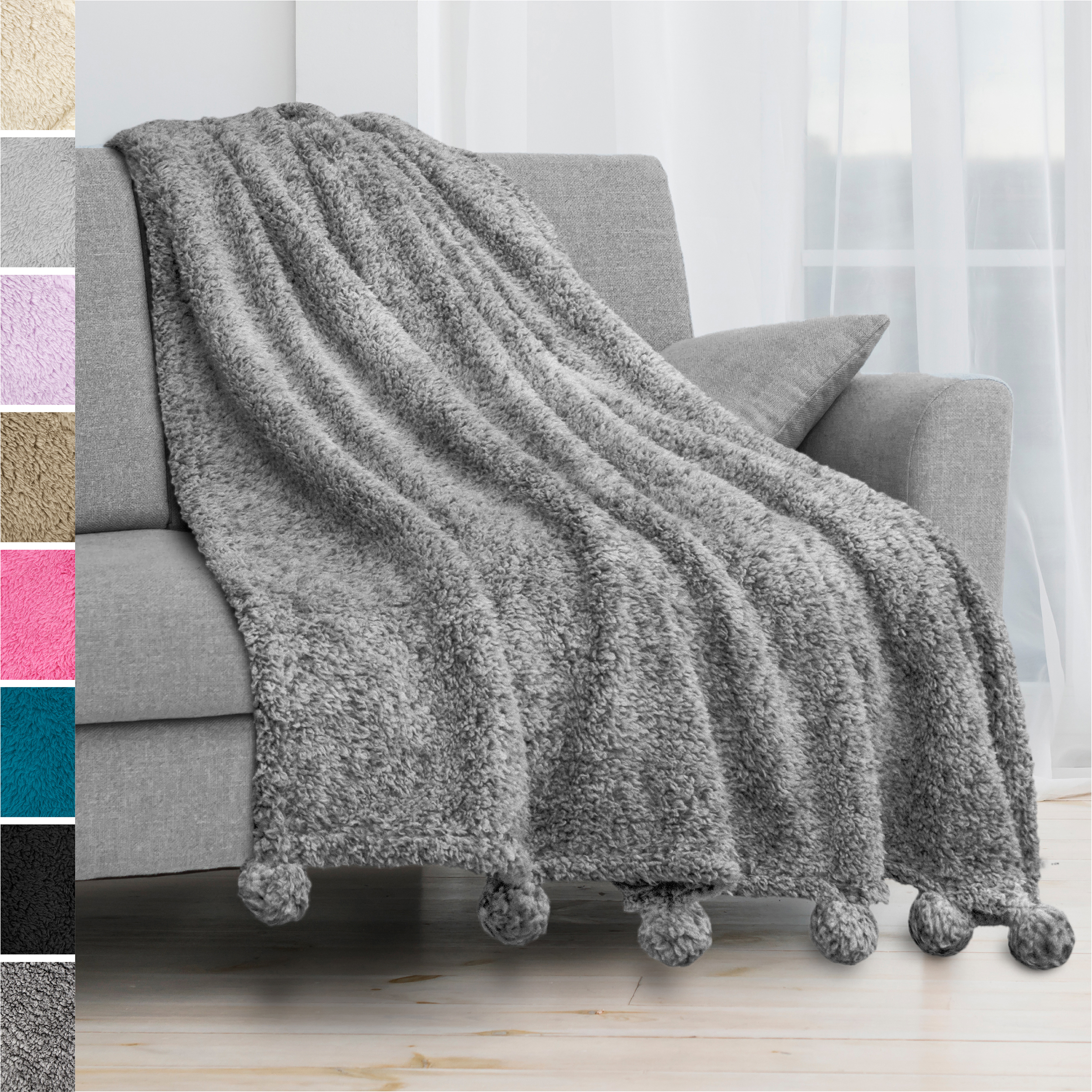 Pom Pom Throw Blanket Pom Fringe Tassel Soft Microfiber Fleece for Sofa Couch 