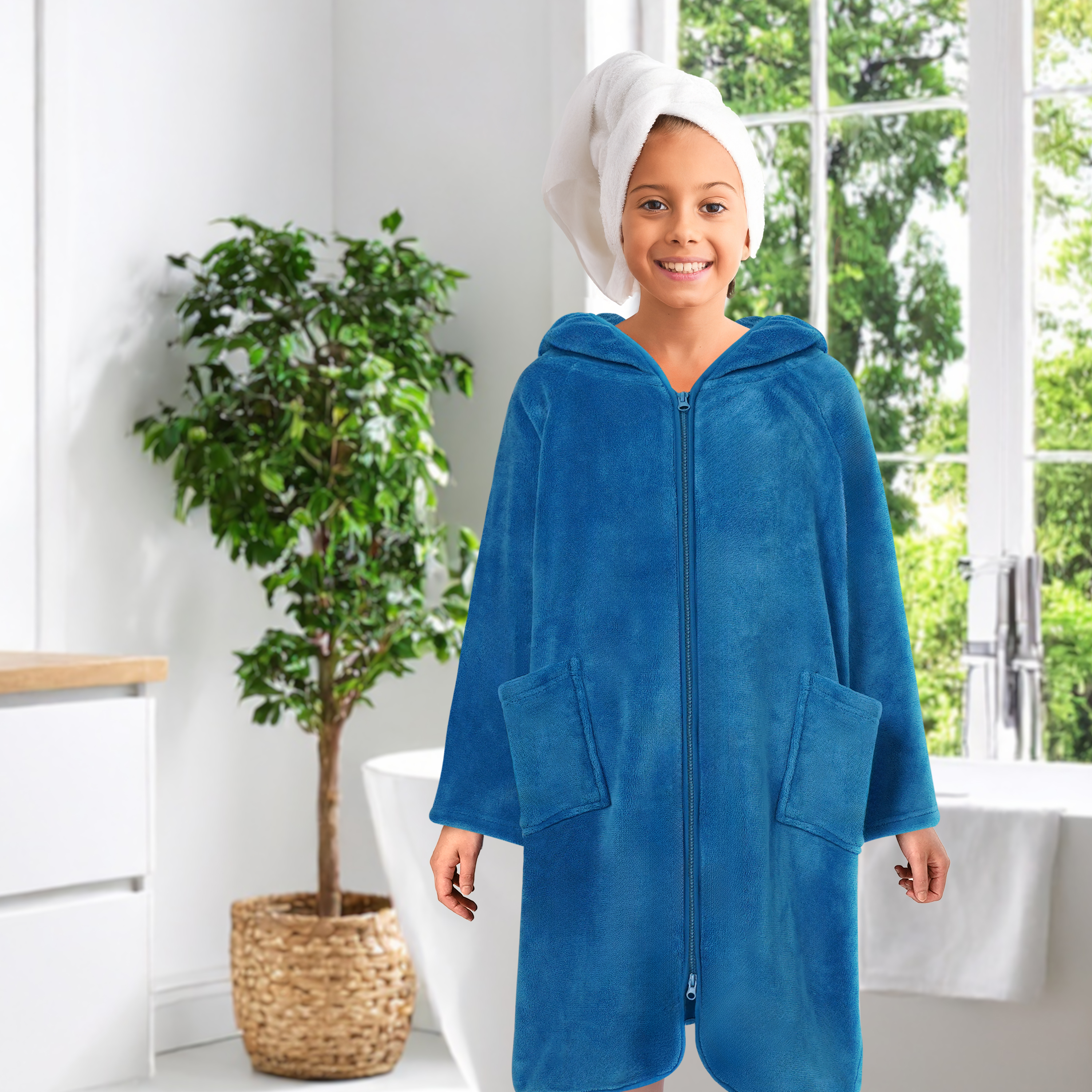 Kids Hooded Towel Robe Zip Up Bath Swim Parka Beach Cover Up For Boys Girls 7-10