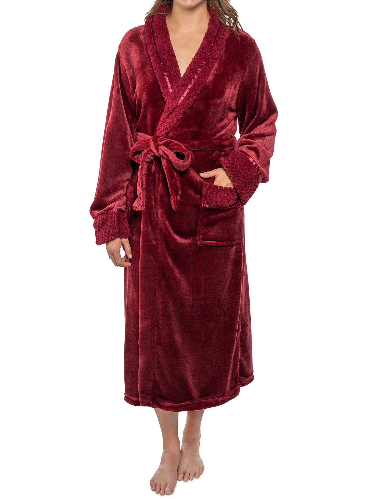 Womens Fleece Robe with Waffle Trim Plush Soft Warm Long Spa Night Bathrobe Lady