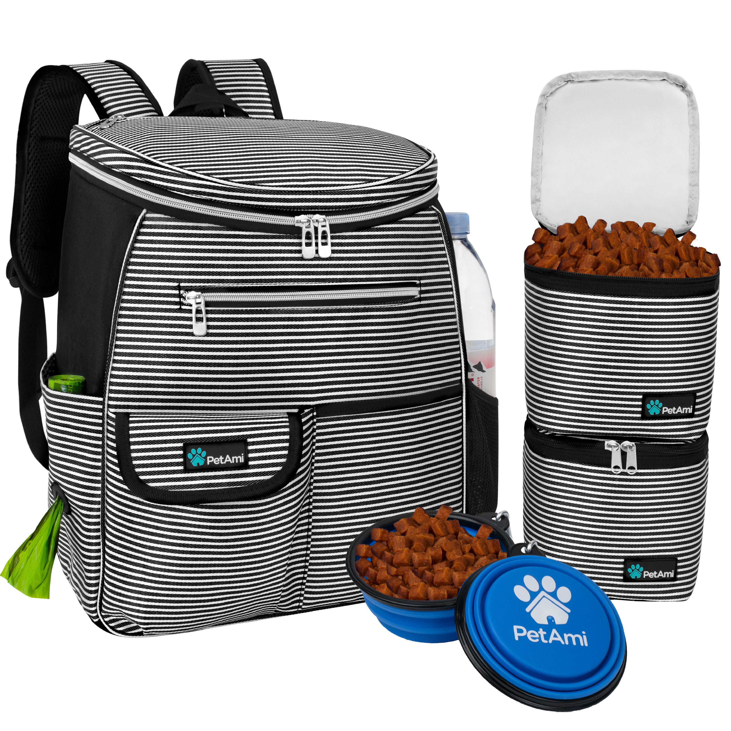 Dog Travel Bag Supply Backpack Traveling Organizer Set Pet Food Container Bowl